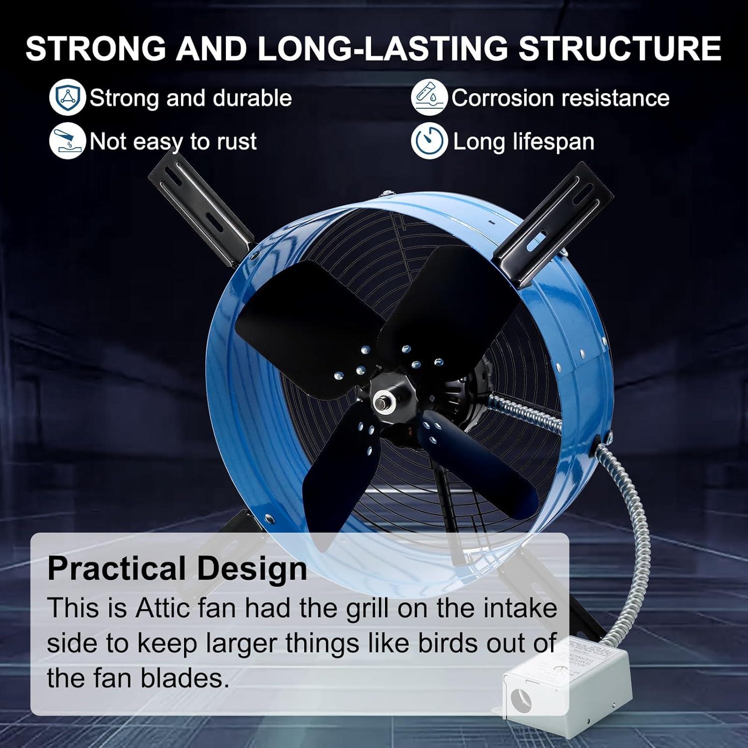 Criditpid 15" Gable Mount Vent Attic Fan, Exhaust Ventilation Fan with Adjustable Thermostat for Gable, Home, Shed, Garage, Portable Building, 3.4A, 1300CFM, 1075RPM, 1850 Sq.Ft Coverage Area.