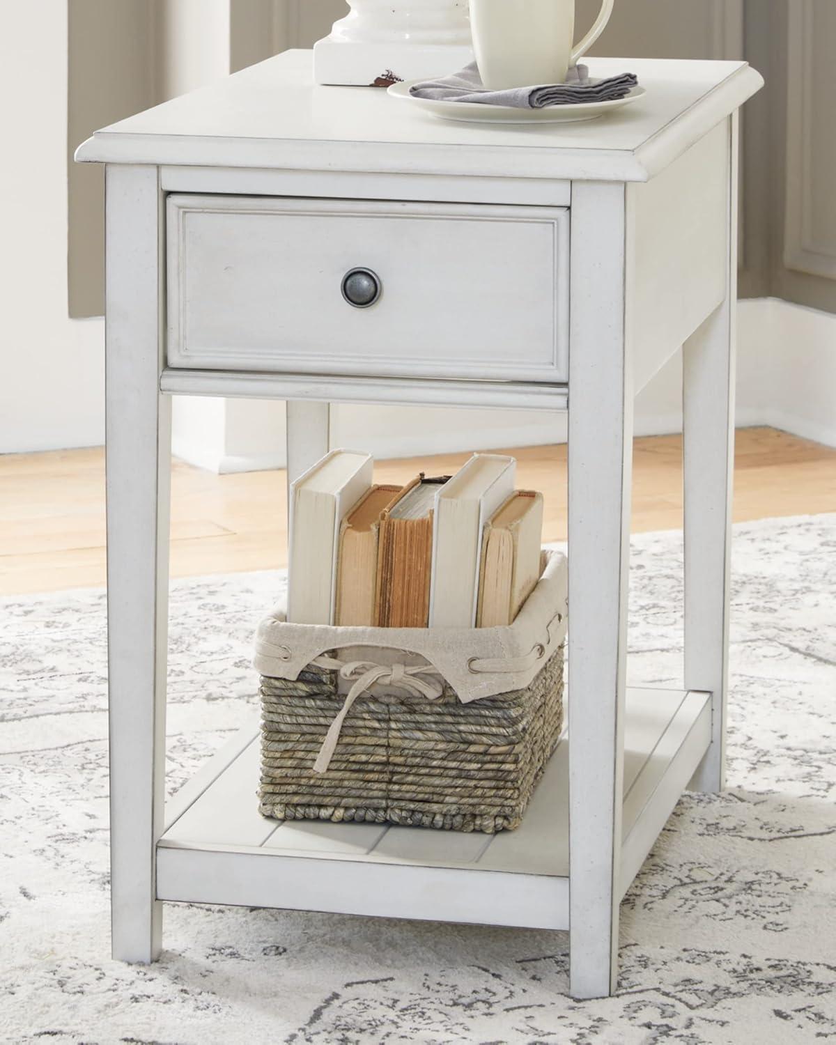 White Rectangular Wood End Table with Storage Drawer