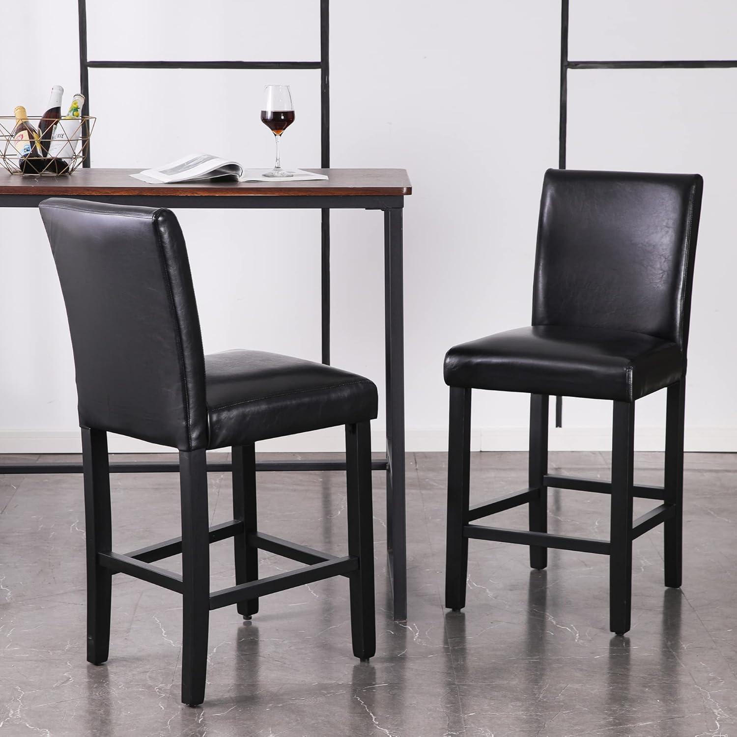 Black Faux Leather and Wood Counter Height Stools, Set of 2