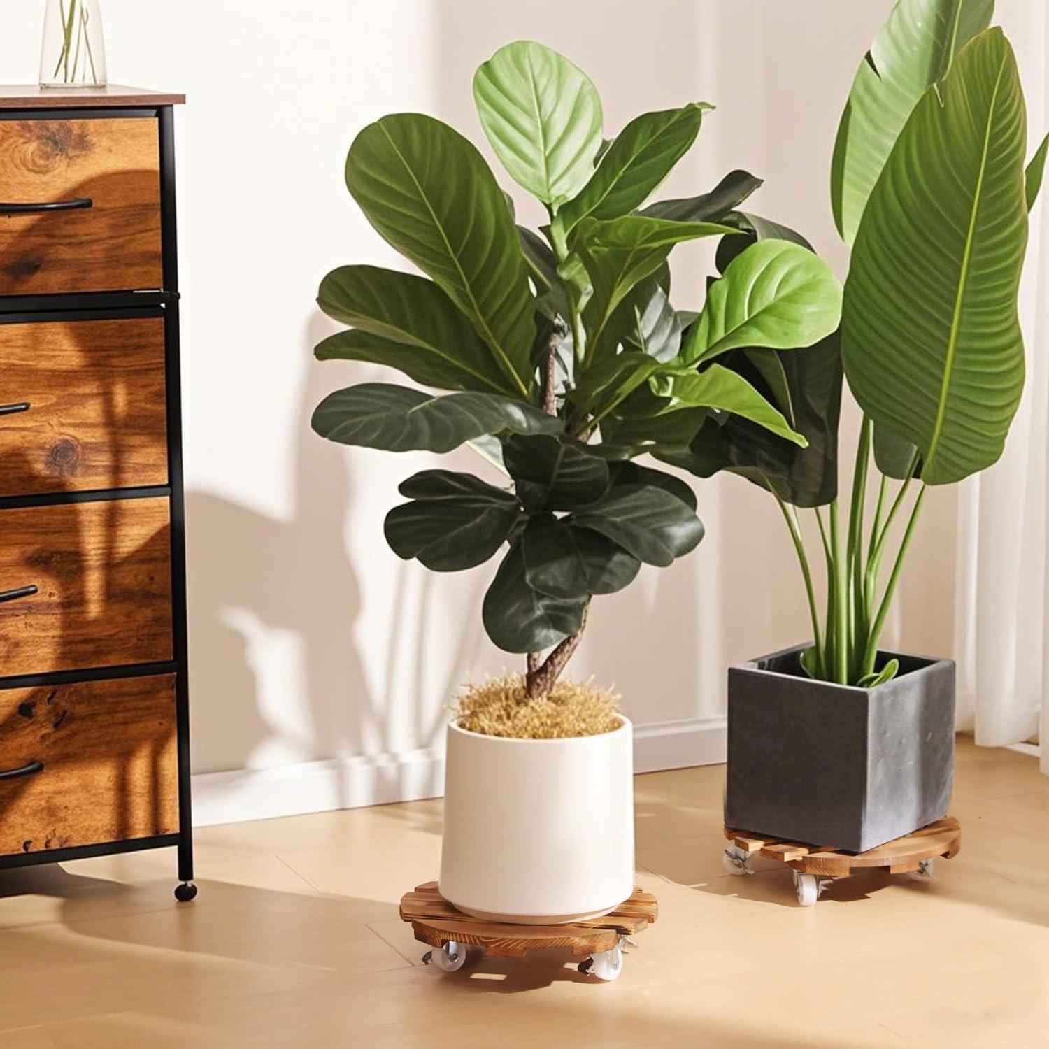 BUSATIA 2pack 12" Plant Caddy Plant Stand with Wheels,Rolling Plant Stand Heavy Duty Wooden Round Plant Dolly Rollers with 360°Metal Lockable Casters Indoor Outdoor Pot Plant Roller Base Caddies