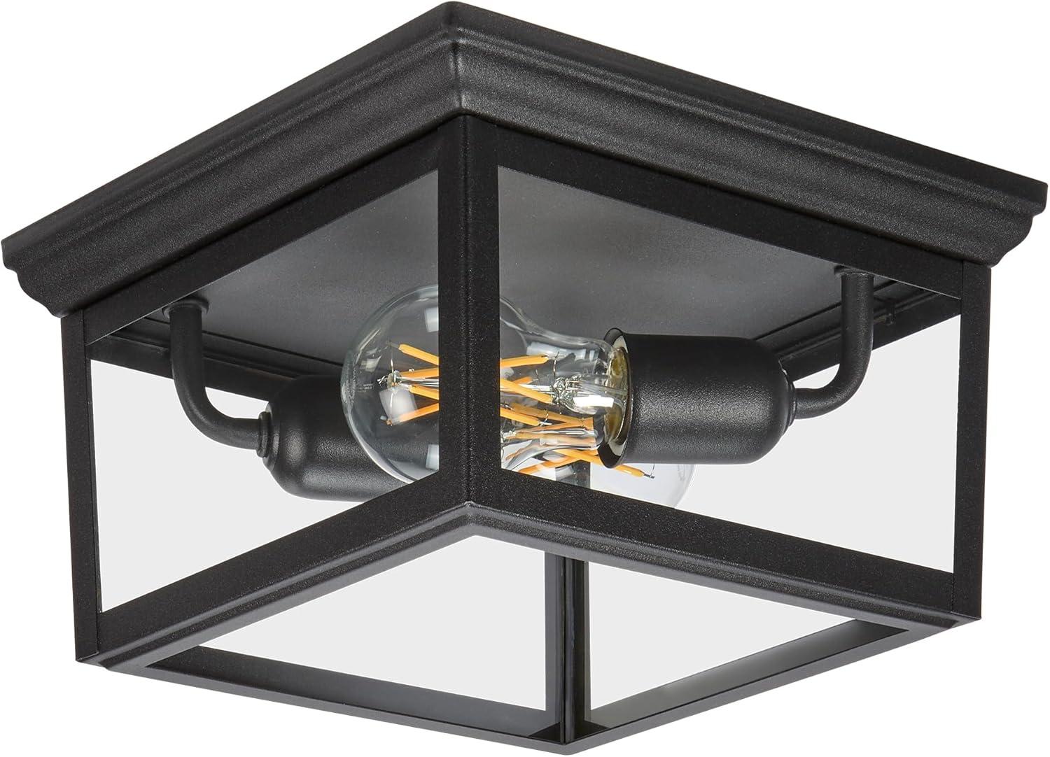 Maxxima 9 in. Outdoor / Indoor Flush Mount Ceiling Light Fixture, Black Porch Light w/ Clear Glass, Bulbs Not Included