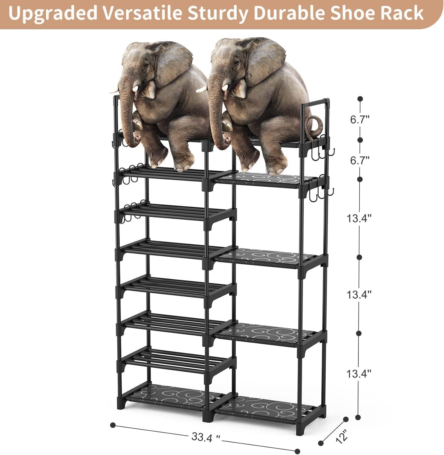 Black 8-Tier Metal Shoe Rack with Hooks