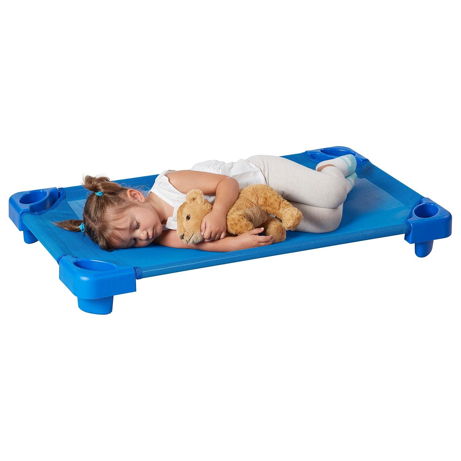 ECR4Kids ECR4Kids Stackable Kiddie Cot with Sheet, Classroom Furniture, Blue (Set of 6)