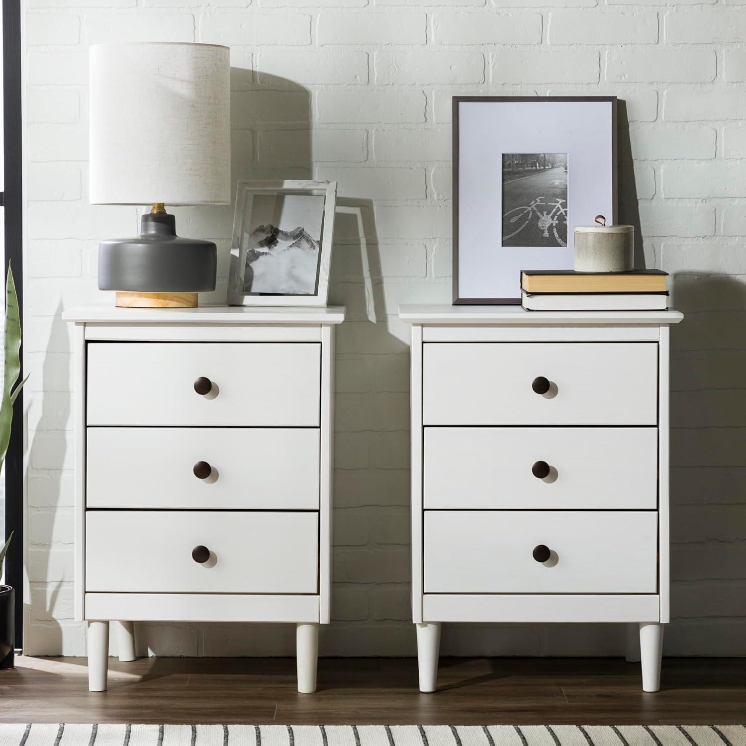 Mid-Century Solid Wood 3-Drawer Bedroom Nightstand in White (Set of 2)