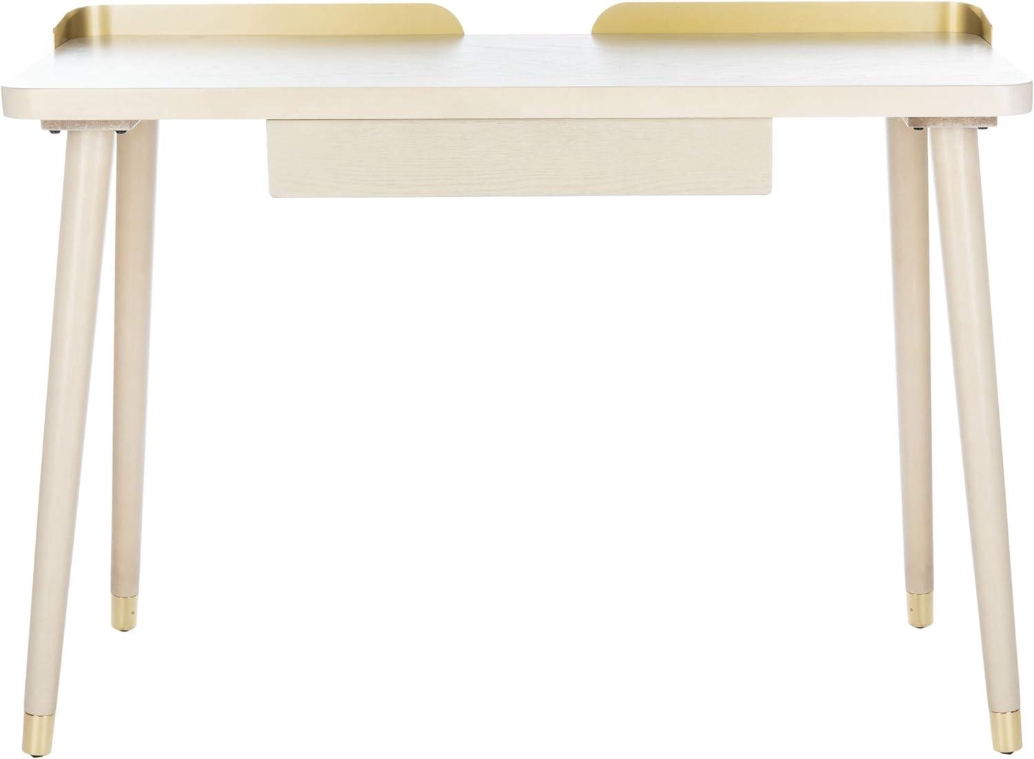 Transitional White Washed and Gold Home Office Desk with Drawer