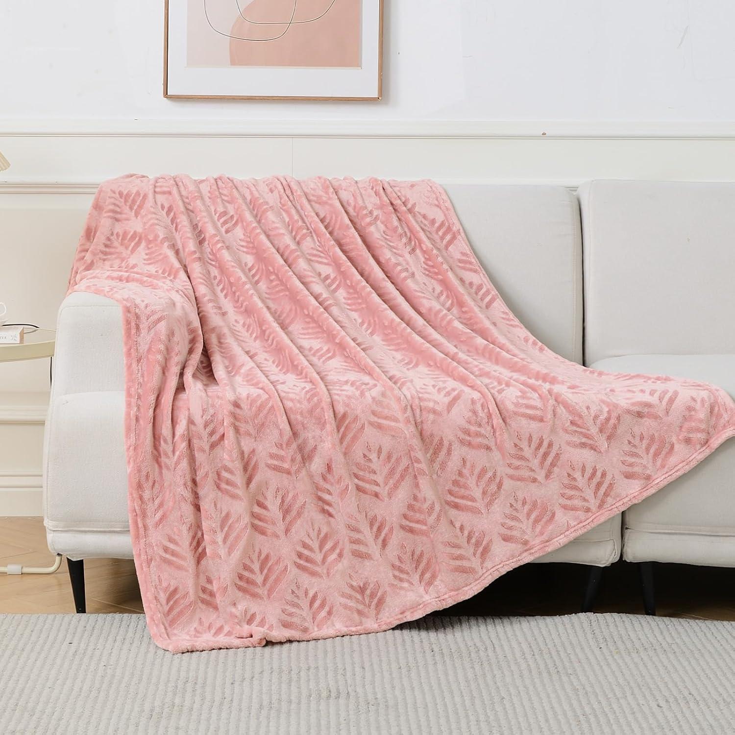 Dusty Pink Fleece Throw Blanket with Leaf Pattern, 50"x60"