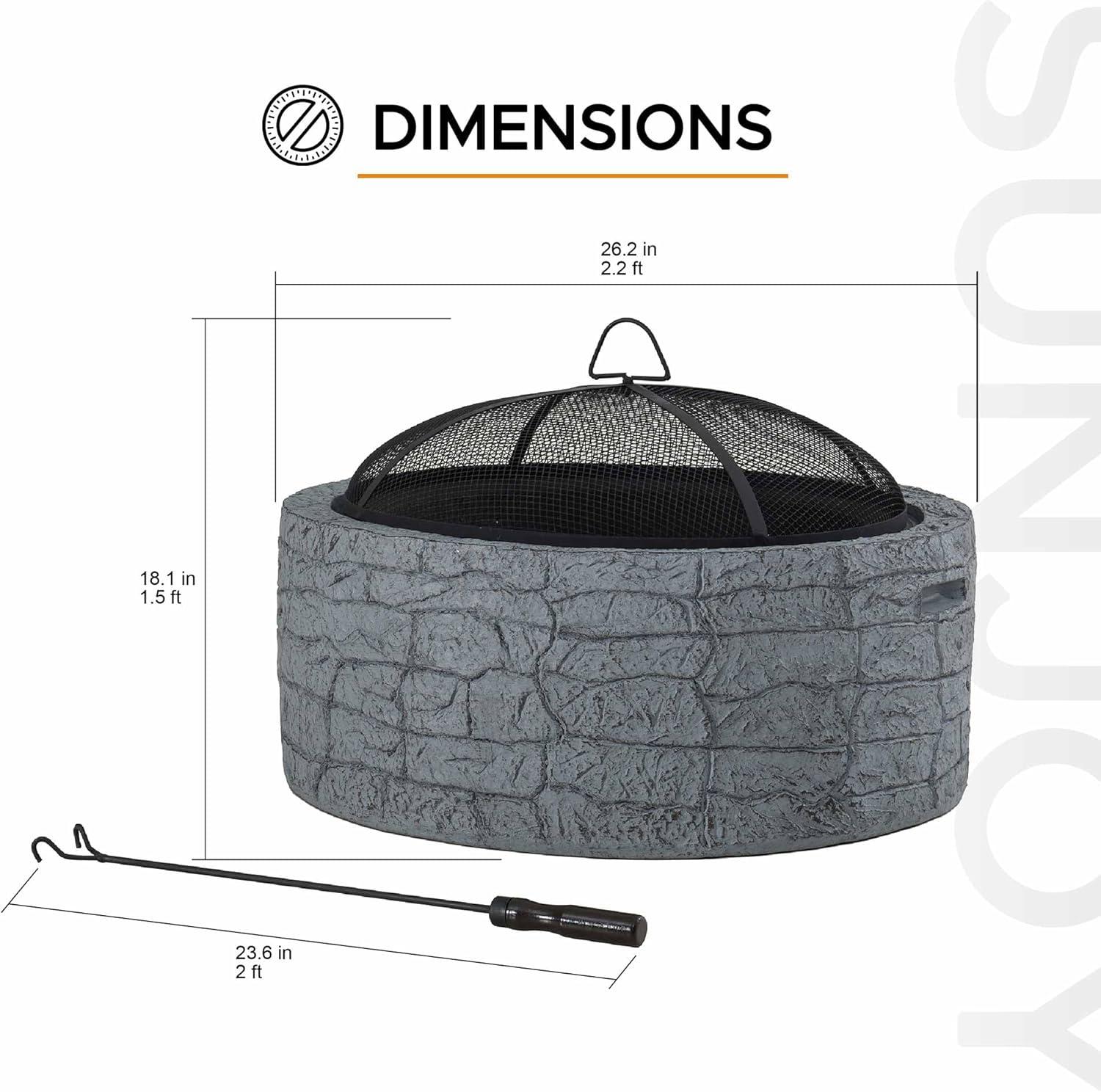Sunjoy Stone Fire Pit 26 Inch, Outdoor Round Wood Burning Fire Pits with Spark Screen and Poker  Tan