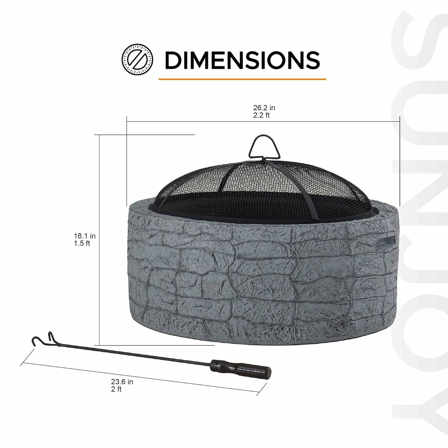 Sunjoy Stone Fire Pit 26 Inch, Outdoor Round Wood Burning Fire Pits with Spark Screen and Poker  Grey