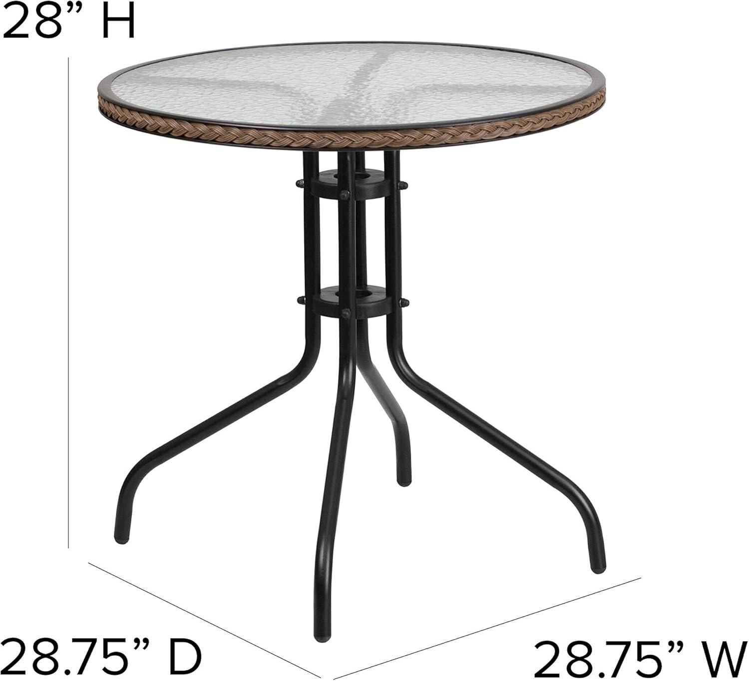 Flash Furniture 28'' Round Glass Metal Table with Dark Brown Rattan Edging and 4 Dark Brown Rattan Stack Chairs