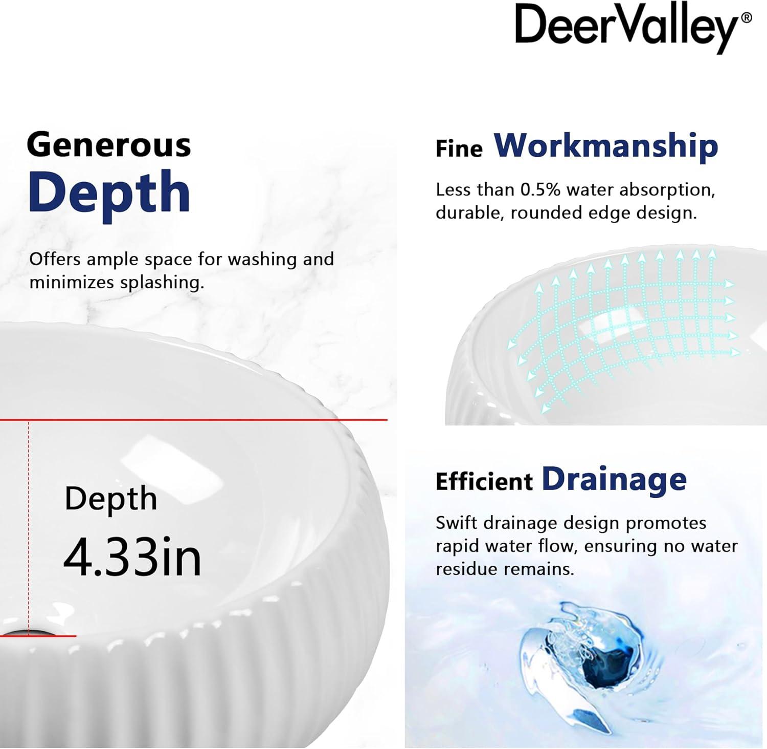 DeerValley 16" x 5'' Bathroom Sink,White Ceramic Circular Vessel Sink,Vitreous China Vessel Bathroom Sink with Fluted Sides and Overflow