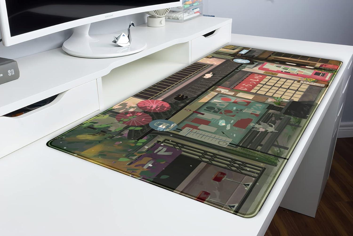 Cat Cafe Desk Mat Cute Anime Mouse Pads, Kawaii Desk Pad Large Gaming Mousepad XXL 31.5x15.75 in, Japanese Street Aesthetic Keyboard Mat Pad, Laptop Computer Desktop Decor Mat for Women Office