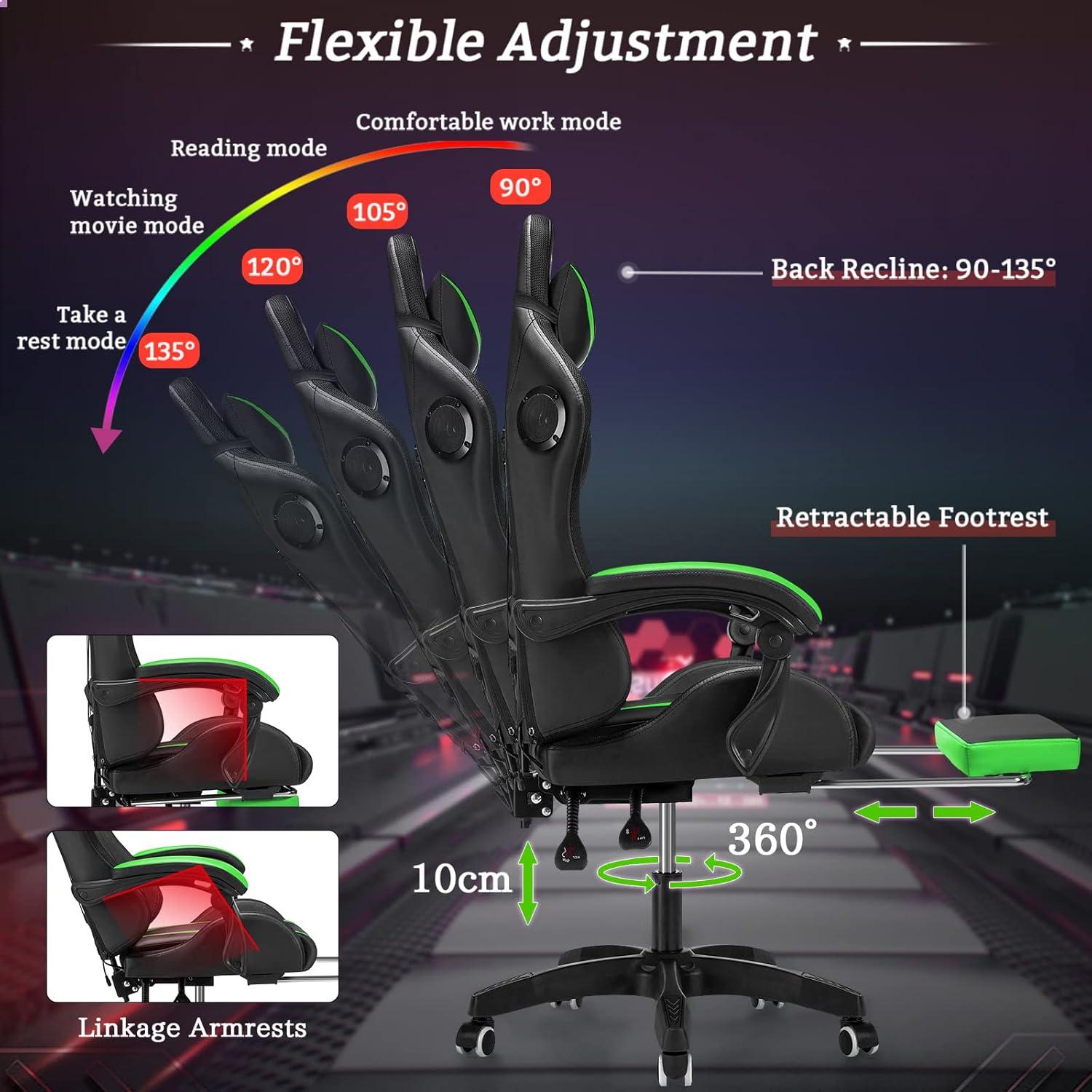 Ergonomic Black and Green Leather Gaming Chair with LED Lights
