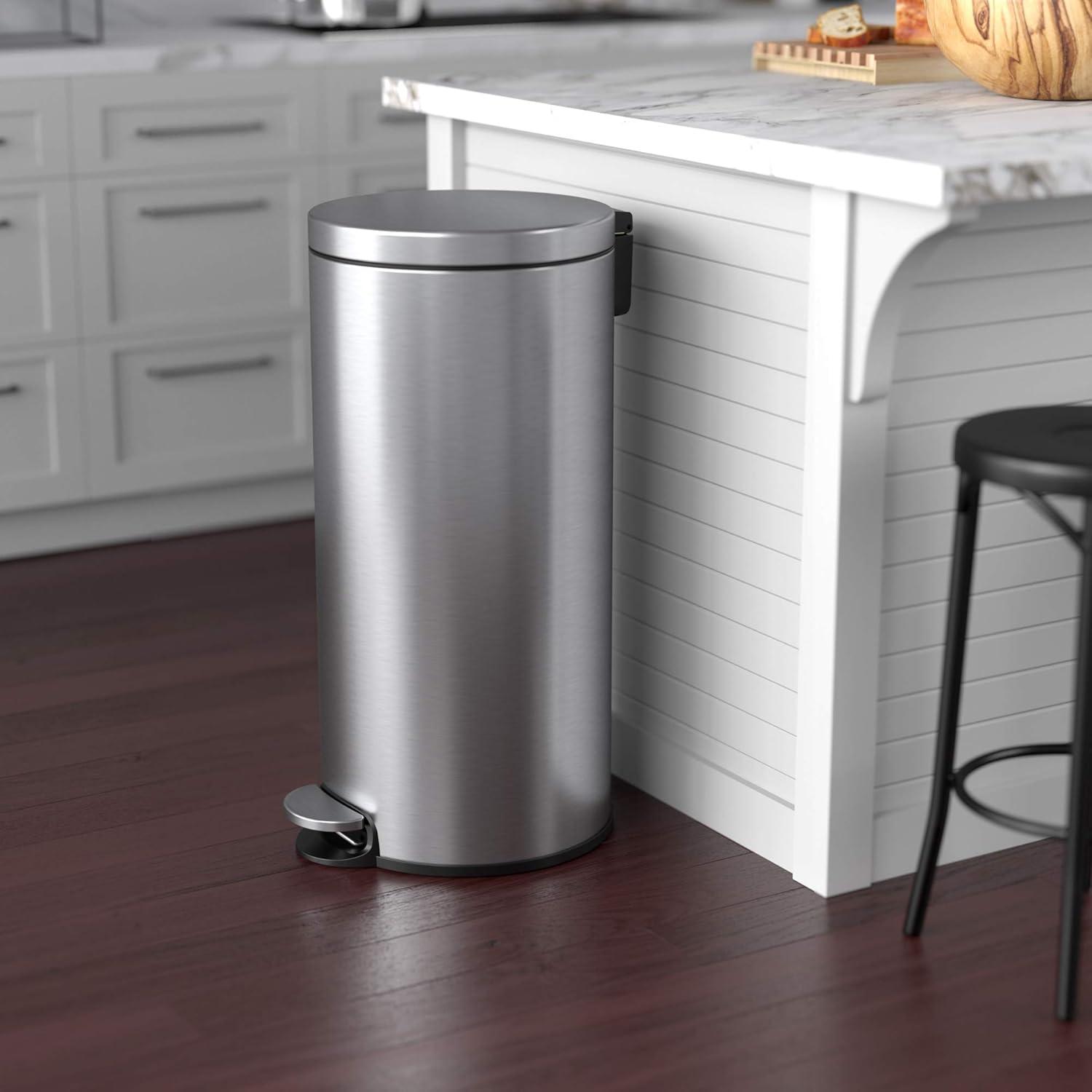 iTouchless Step Pedal Kitchen Trash Can with AbsorbX Odor Filter and Removable Inner Bucket 8 Gallon Round Stainless Steel