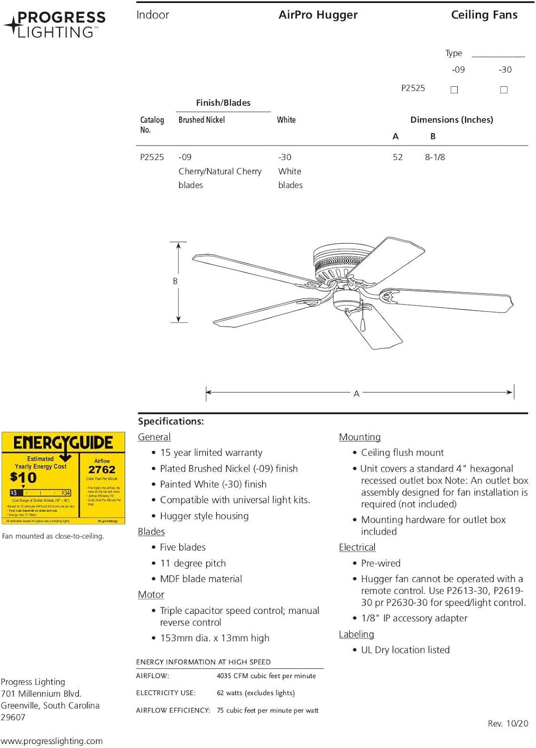 Progress Lighting Hugger 52 Hugger 52" 5 Blade Flush Mount Indoor Ceiling Fan - Nickel