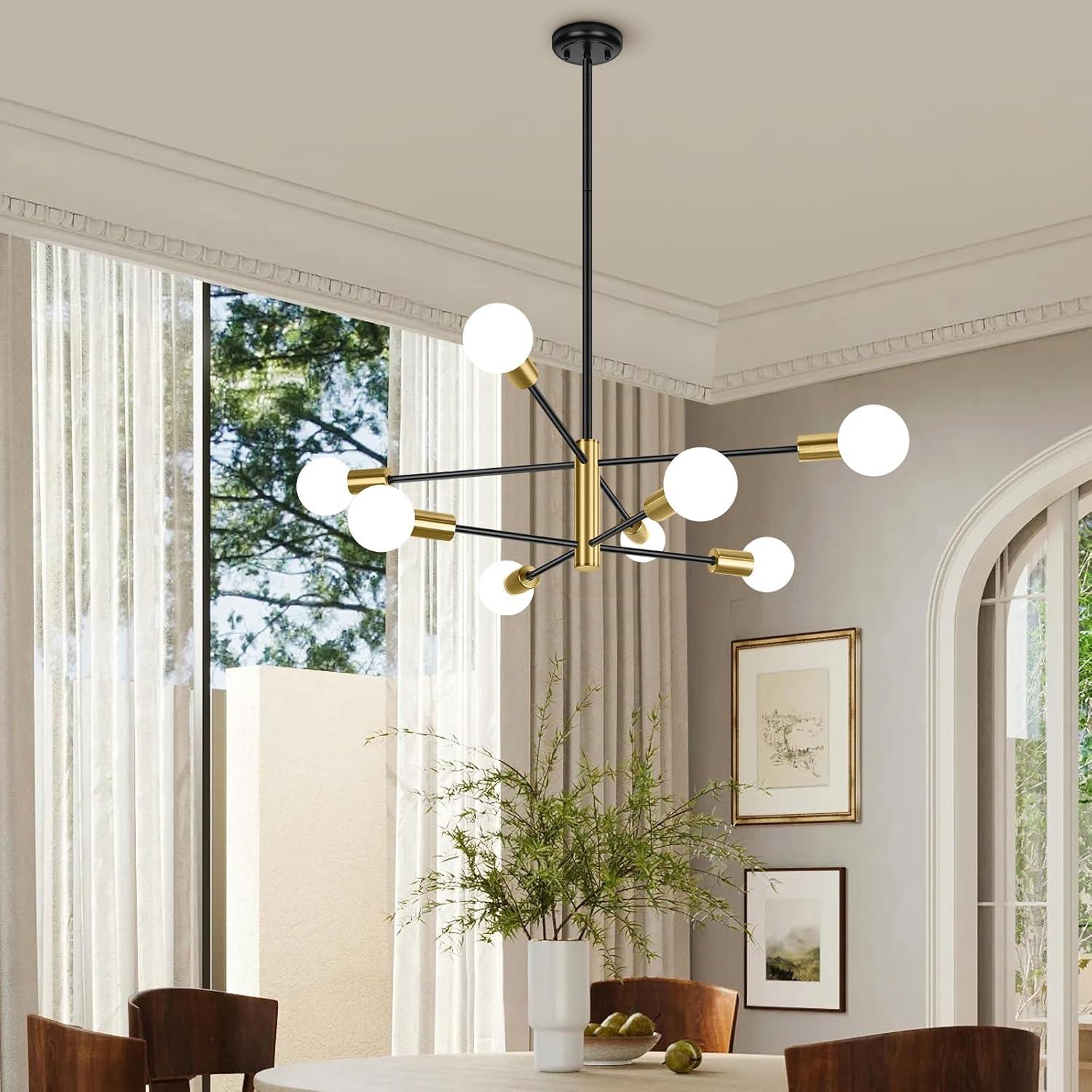 KAISITE Modern Sputnik Chandelier - 8-Light Ceiling Light Fixture Height Adjustable Mid Century Plating Finished Black and Gold Chandelier for Bedroom Living Room Dining Room Kitchen Foyer