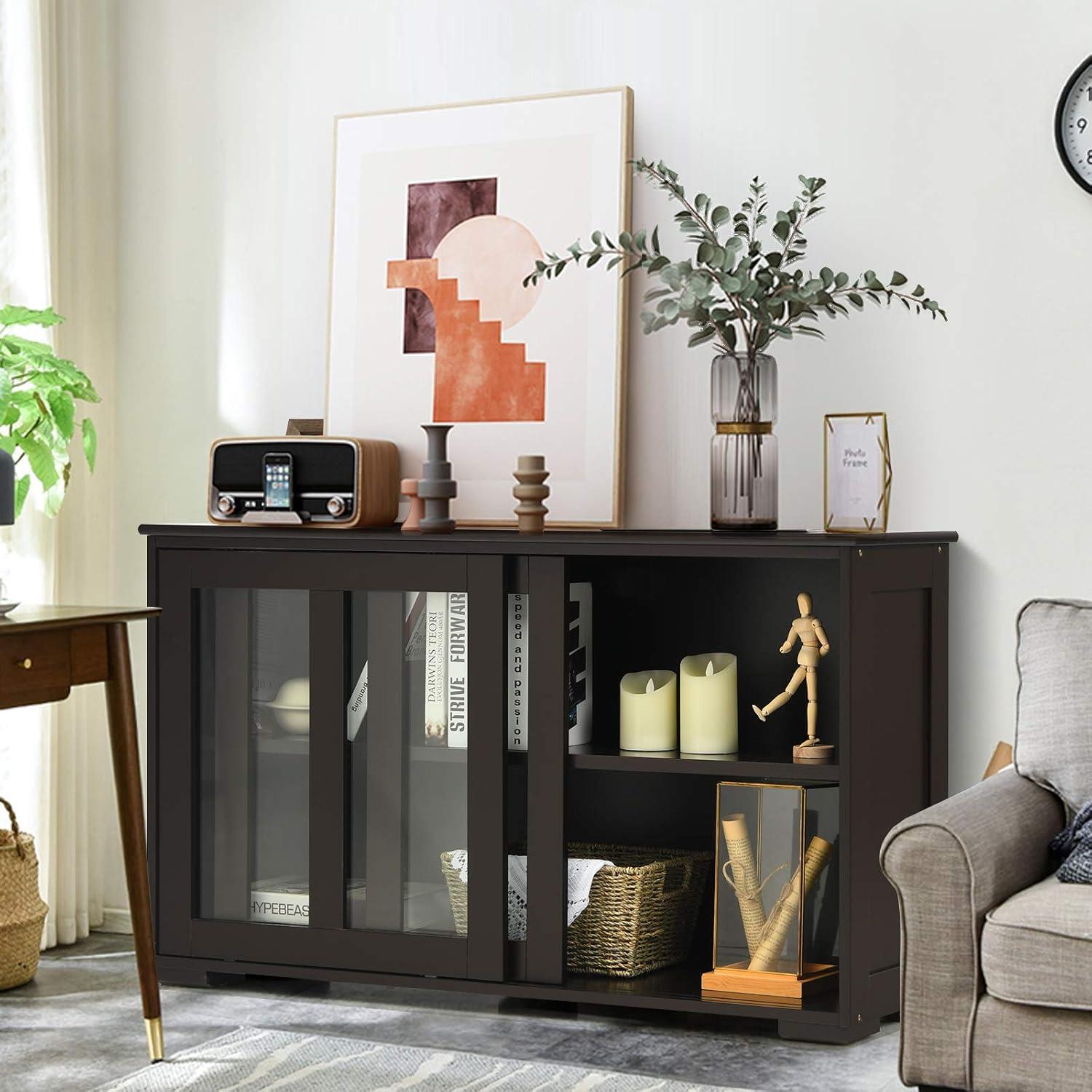 Kepooman Sideboard Buffet, Kitchen Storage Cabinet,Sideboard Buffet Cupboard Storage Cabinet with Sliding Door-Brown