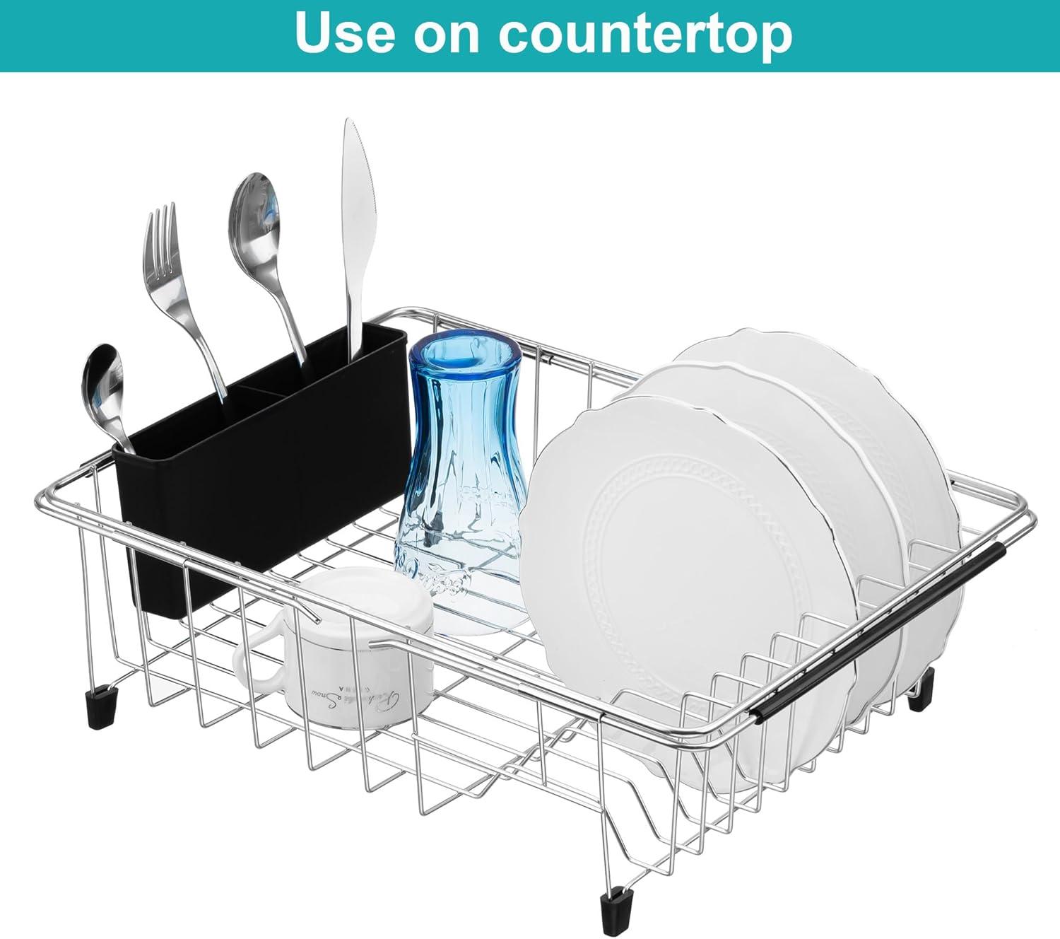 Expandable Stainless Steel Dish Drying Rack with Utensil Holder