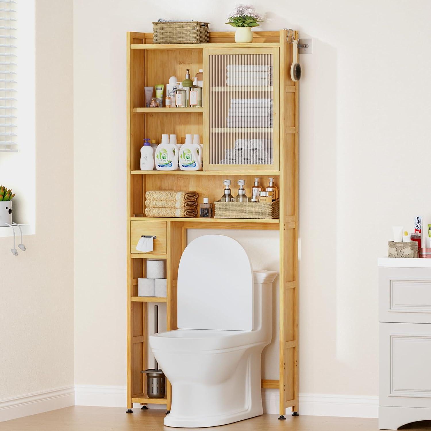 Latitude Run® Over The Toilet Storage Cabinet With Acrylic Door Panel And Paper Towel Drawer, Bamboo Space Saver Shelf, Bathroom Organizer Rack