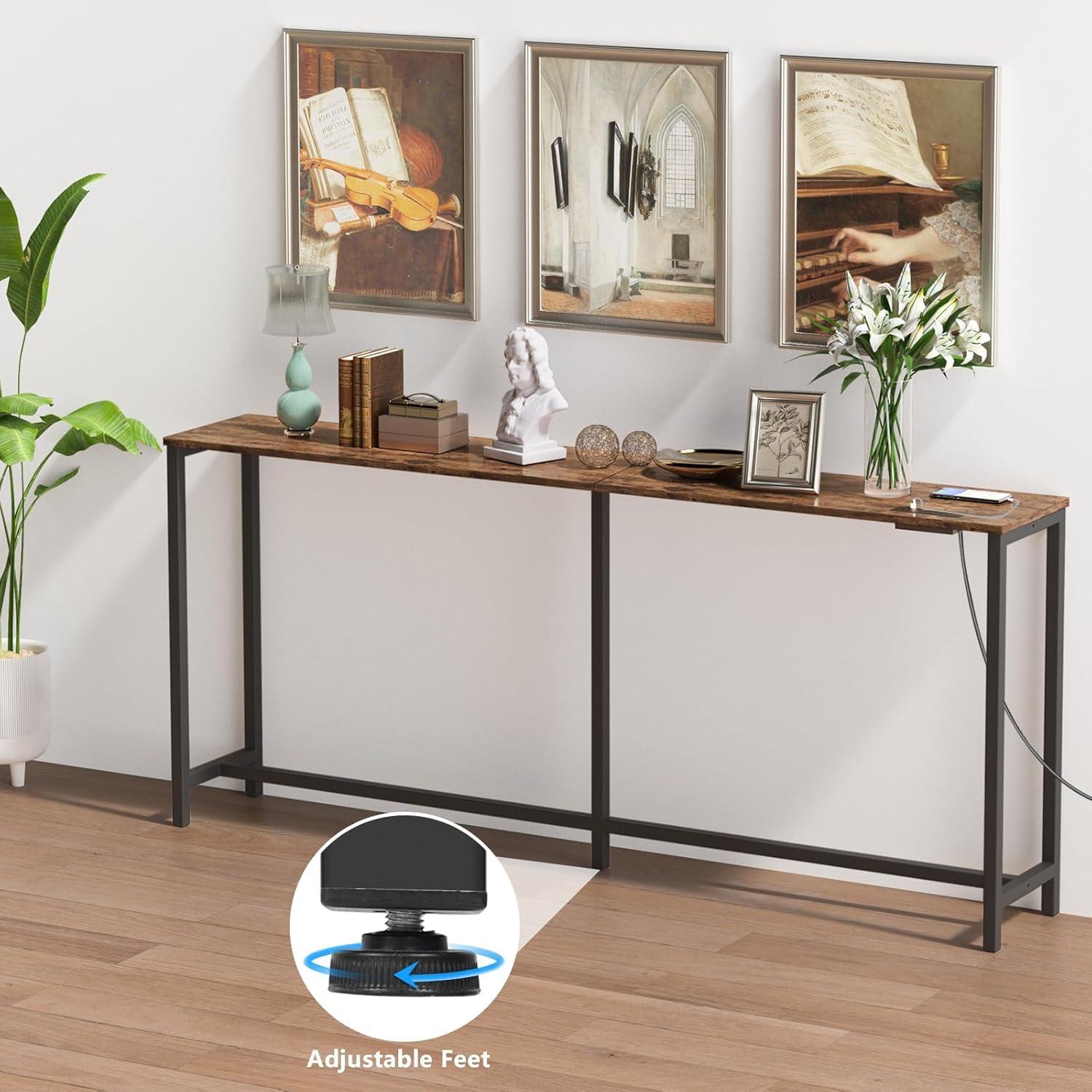 EasyCom 70" Extra Long Console Table - 11.8" Narrow Entryway Table with Quick Charging Station - Behind Couch Sofa Table with Metal Frame for Hallway Living Room Bedroom Foyer