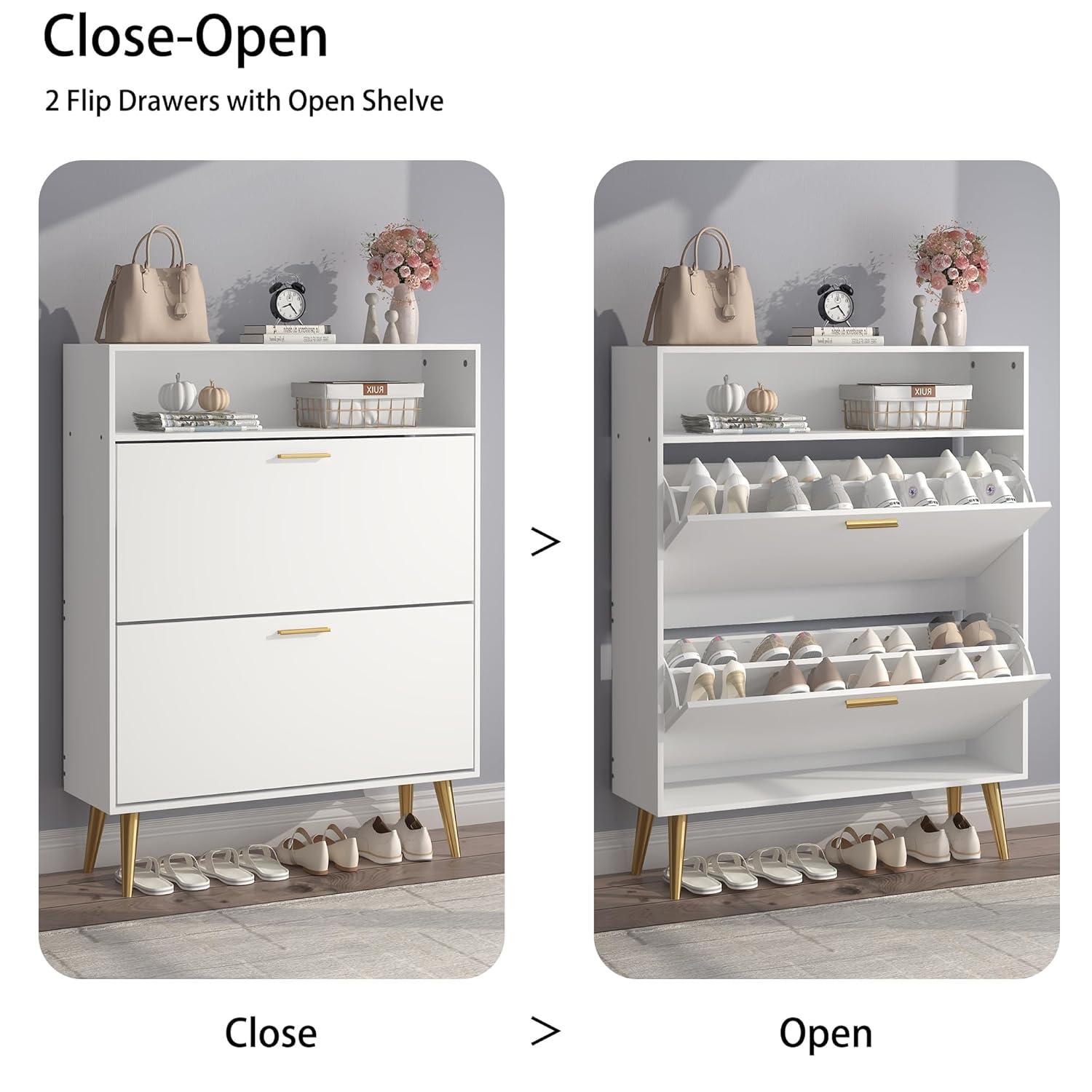 Shoe Cabinet Storage for Entryway  Freestanding Slim Shoe Organizer Cabinet with 2 Flip Drawers  Narrow Shoe Rack with Open Shelves for Hallway  Living Room  White