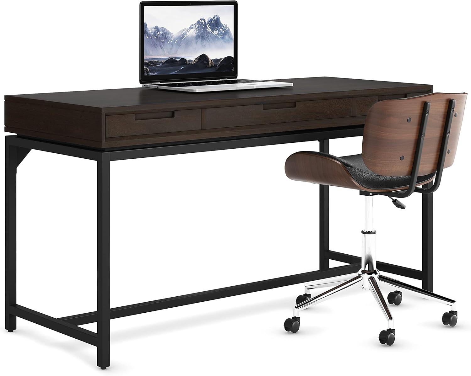 Simpli Home Banting Solid Hardwood Modern Industrial 60 inch Wide Desk in Hickory Brown