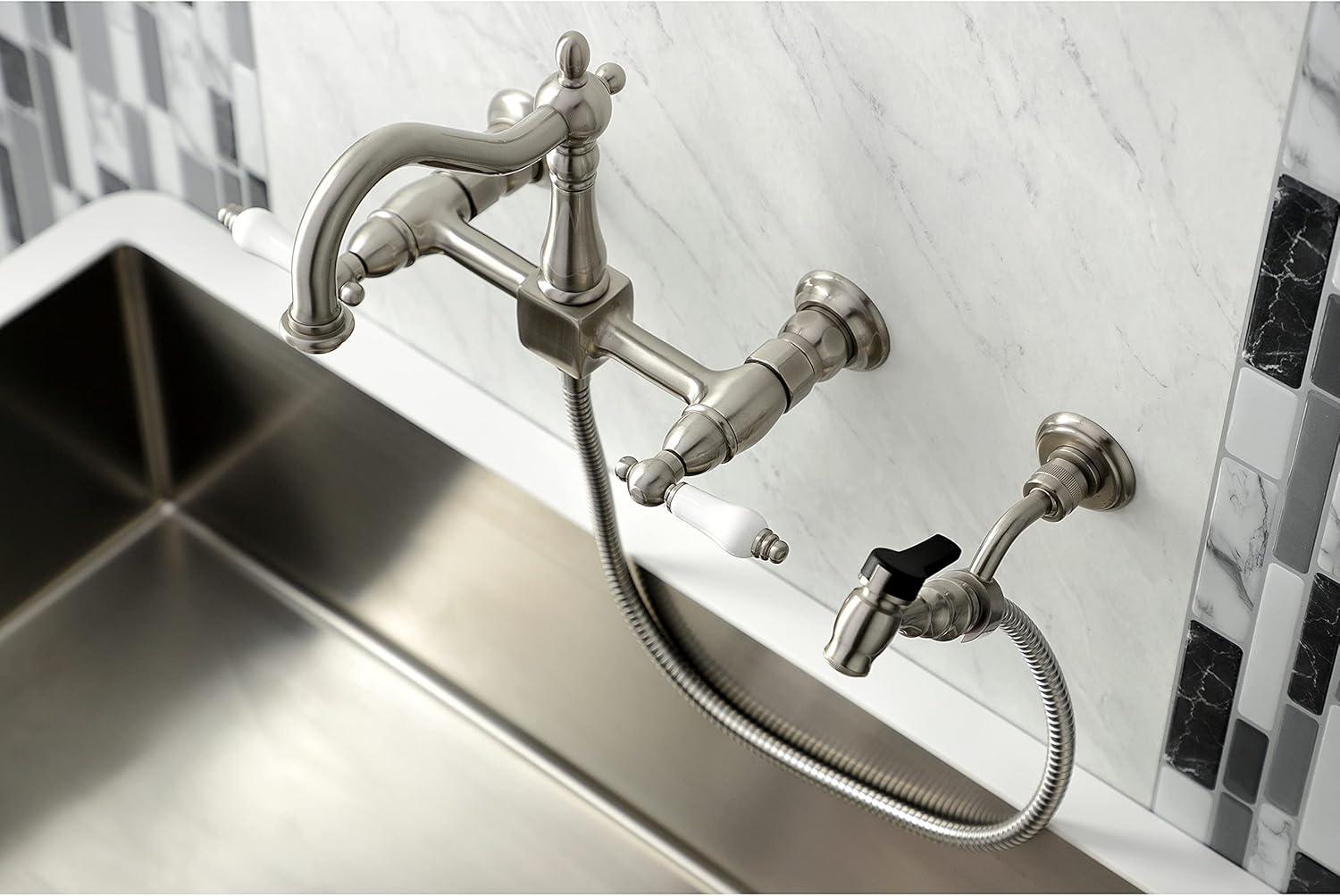 Kingston Brass Heritage Double-Handle 3-Hole Wall-Mount Bridge Kitchen Faucet with Brass Sprayer