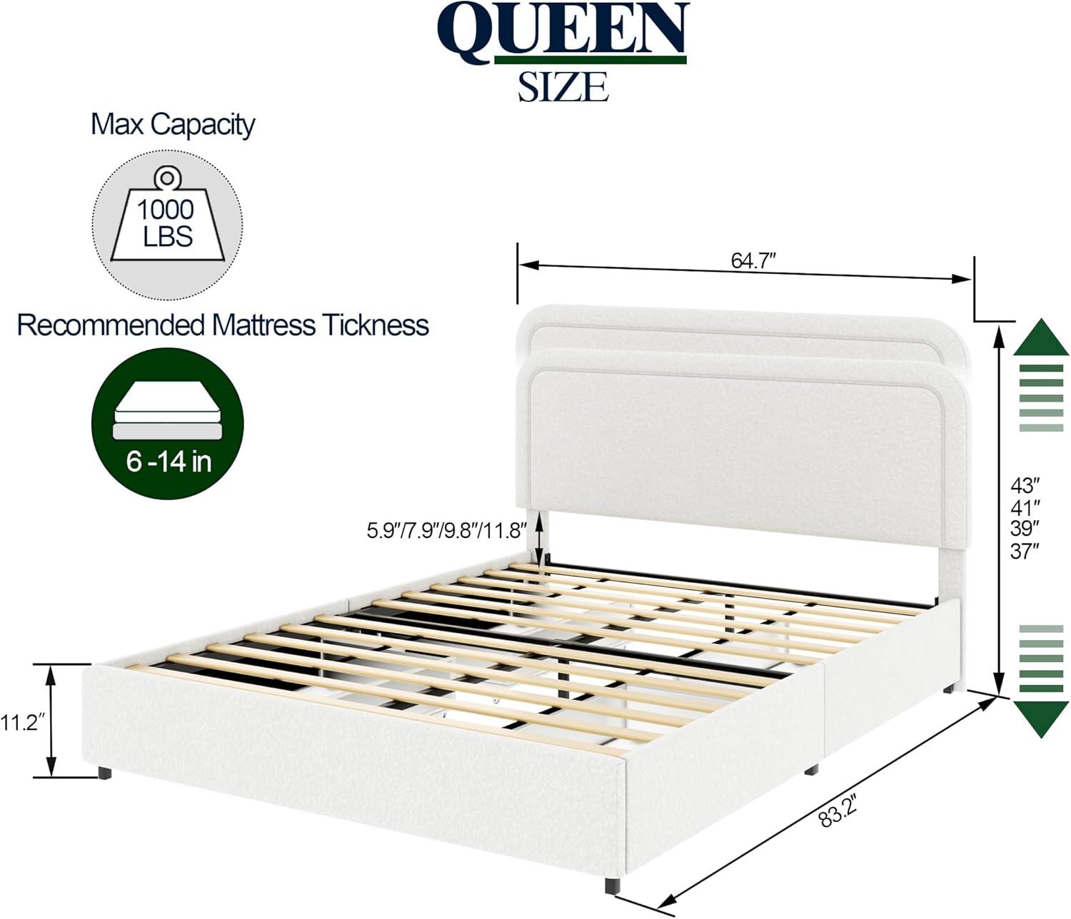 Llinc Store Queen Bed Frame with Adjustable Headboard, Bed Frame with Storage Ivory Boucle Upholstered Platform Bed with Patented 4 Drawers Storage