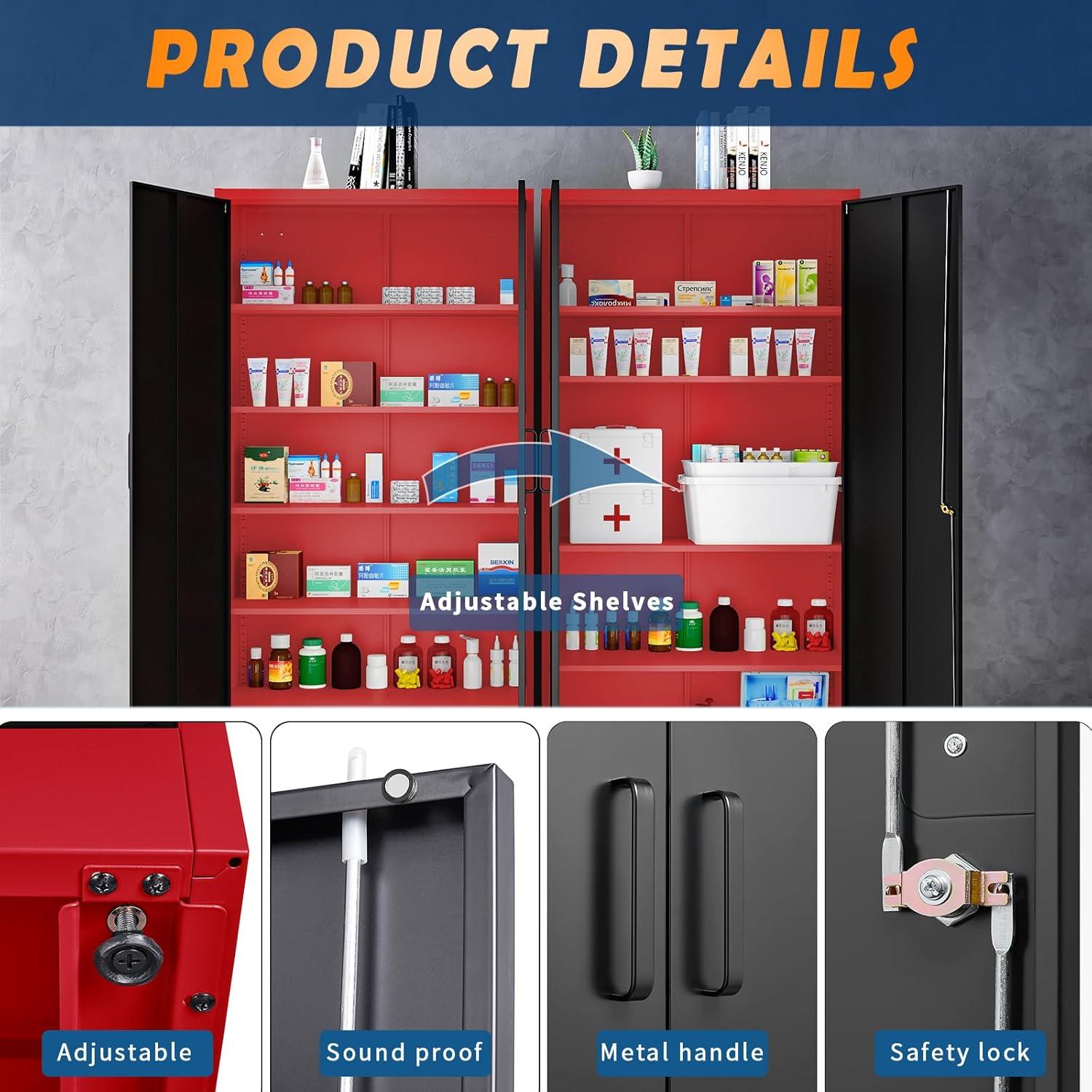 Yizosh Metal Storage Cabinet with Lock - 72" Garage Storage Cabinet with 2 Locking Doors and 5 Adjustable Shelves, Red Black Steel Lockable File Cabinet for Office,Home,Garage