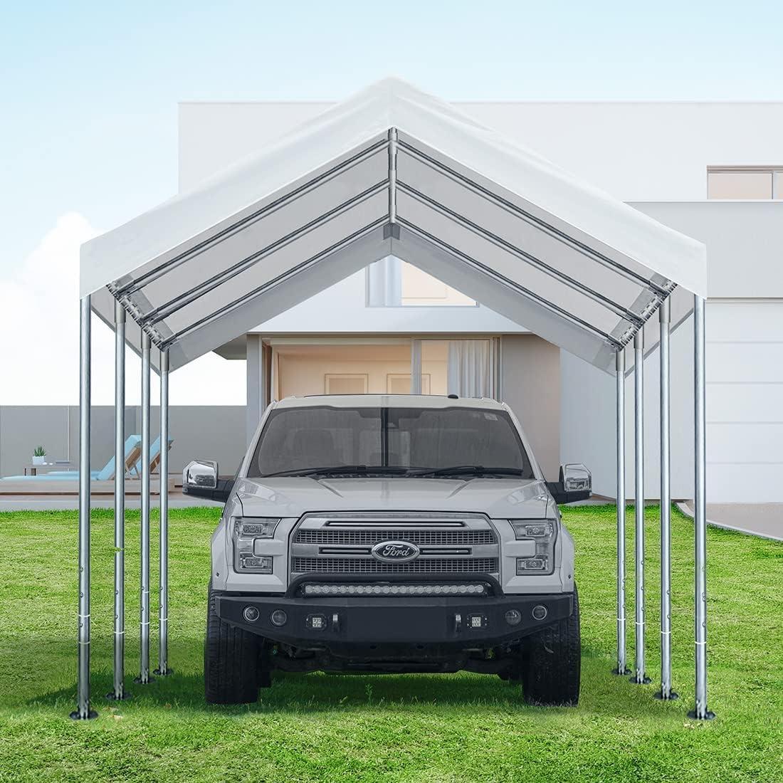 White 10'x20' PE Carport Replacement Canopy Cover with Bungees