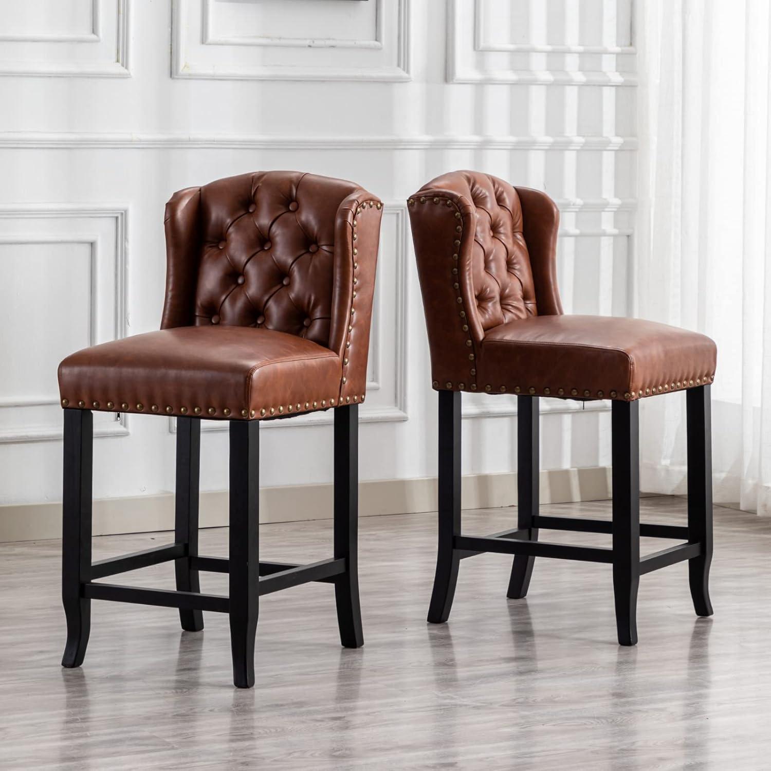 Guyou Modern Tufted Bar Stool Set of 2, 26" Counter Height Bar Stool with Back and Nailhead Trim, PU Upholstered Solid Wood Kitchen Island Chair Barstools for Bar Restaurant Cafe Dining Room, Brown