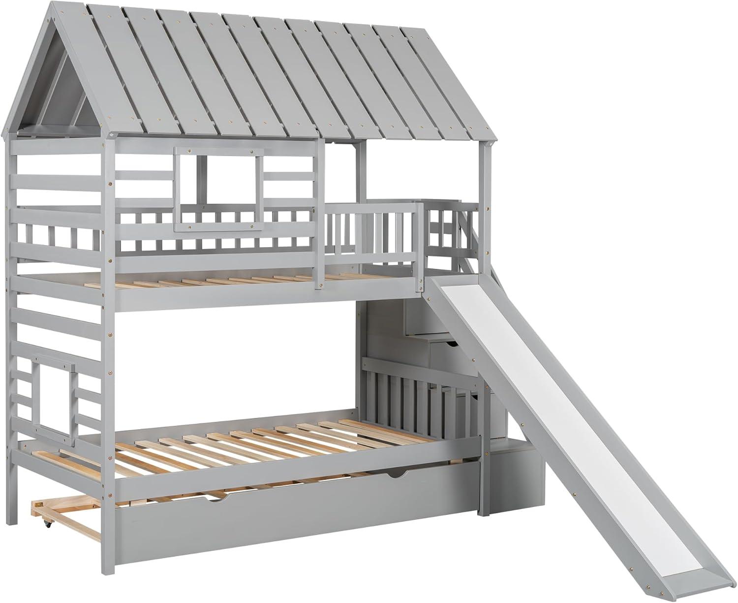 Harper Orchard Twin Over Twin House Bunk Bed With Trundle And Slide