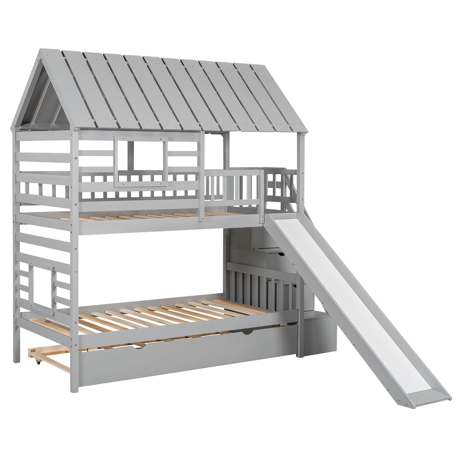 Harper Orchard Twin Over Twin House Bunk Bed With Trundle And Slide