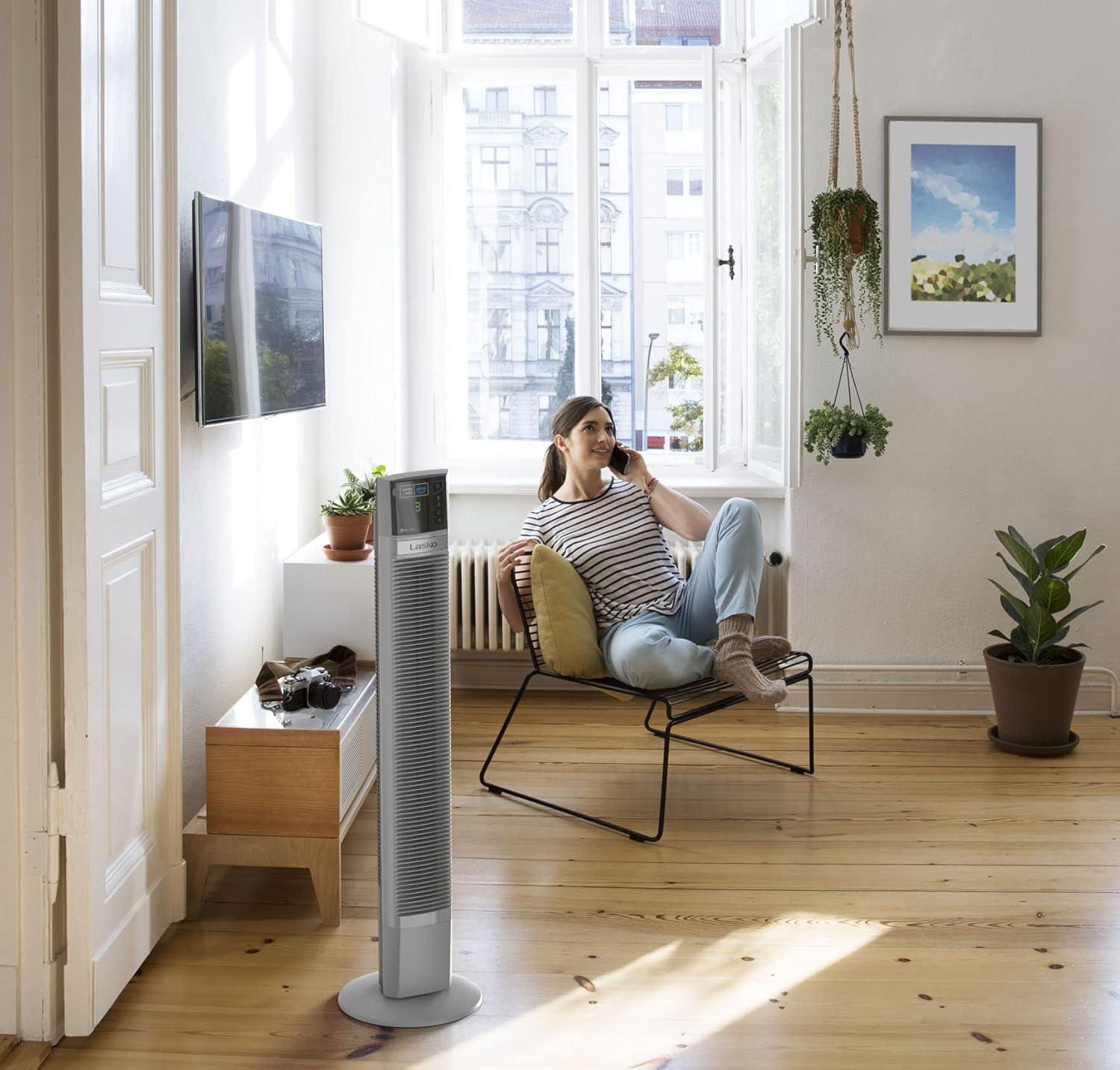 48-Inch White Oscillating Tower Fan with Alexa and Four Speeds