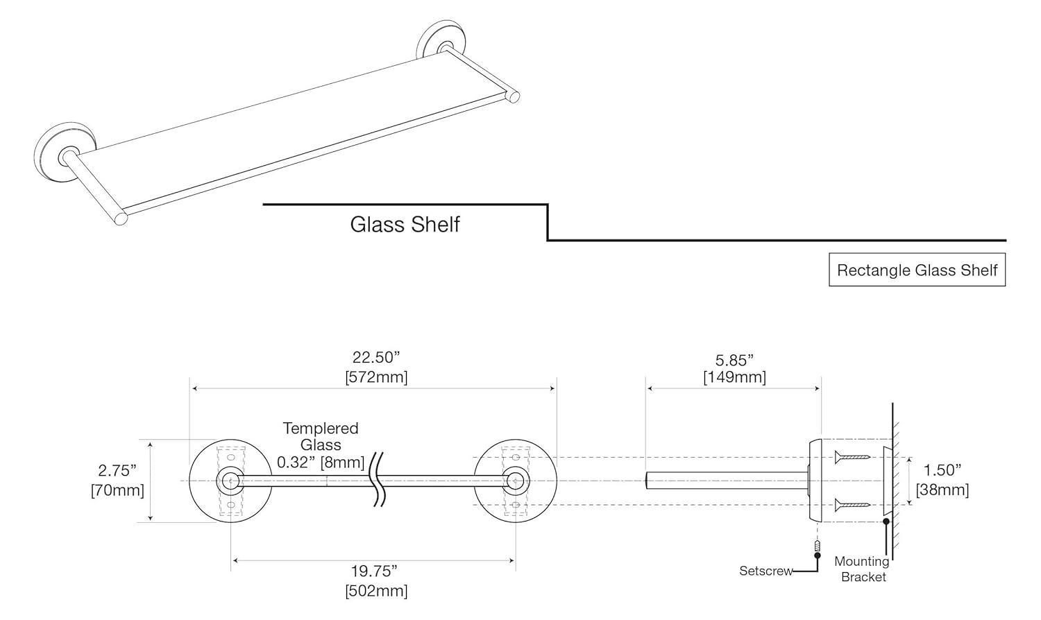 Designer II Wall Mounted 22.50"L Tempered Glass Shelf |Floating Glass Shelf