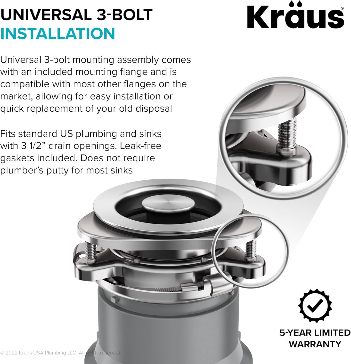 KRAUS WasteGuard Continuous Feed Motor Garbage Disposal with Power Cord and Universal Mount