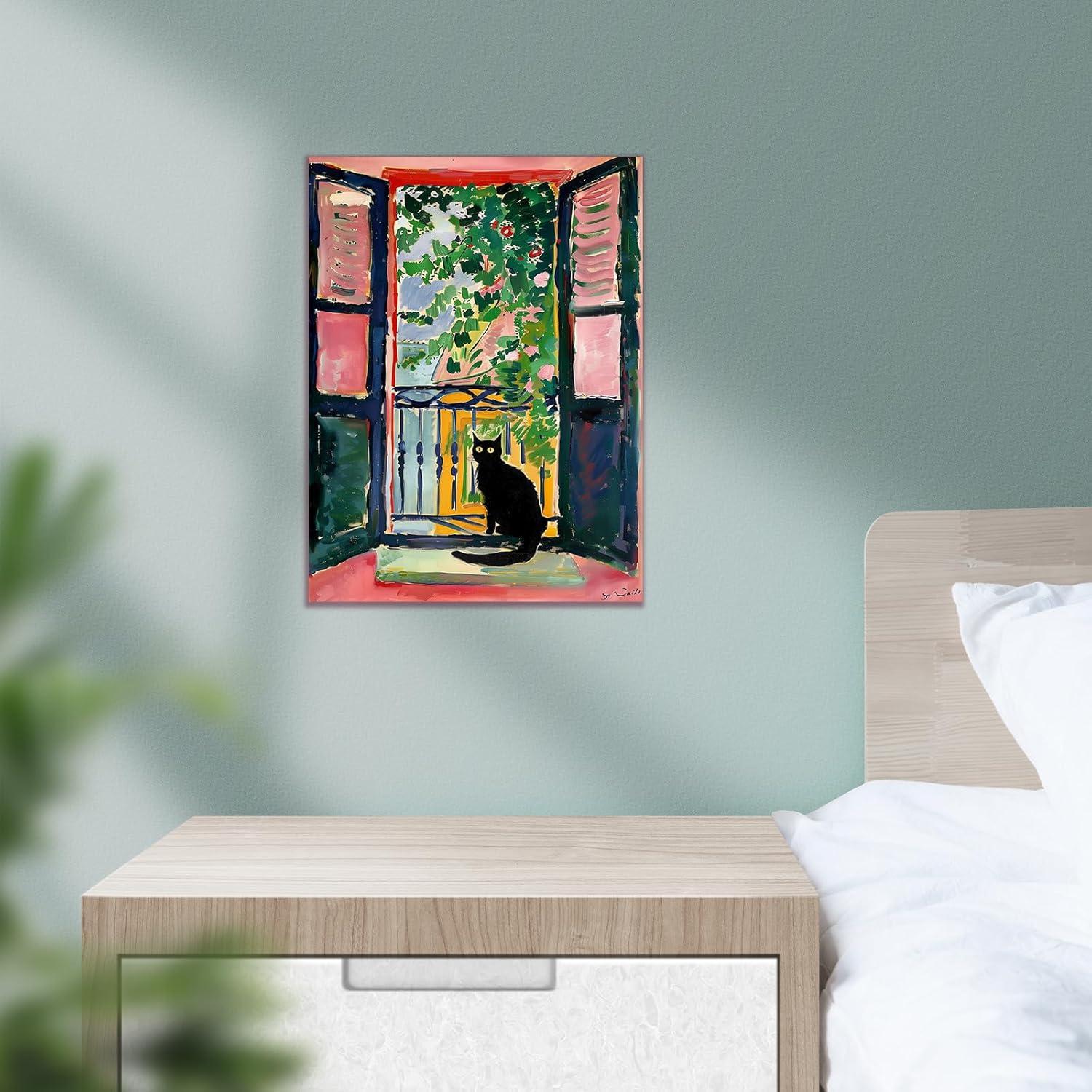 Henri Matisse Oil Paintings on Canvas Wall Art Matisse Famous Open Window Black Cat Poster Funny Cat Floral Print Colorful Farmhouse Gallery Aesthetic Room Decor for Bedroom Bathroom 12x16in Unframed