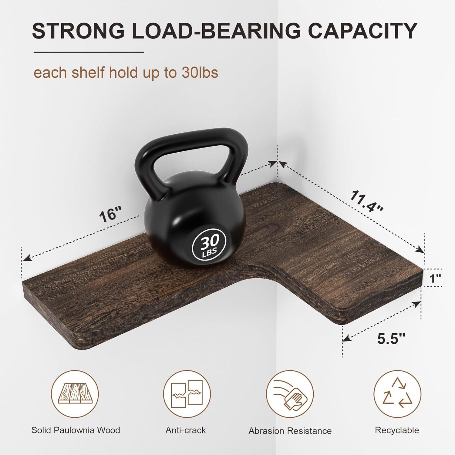 Homode Corner Floating Shelves, Corner Shelves Wall Mounted with Cord Hole, Set of 3 L Shape Wood Wall Storage Shelves for Living Room Bedroom Bathroom Kitchen, Rustic Brown