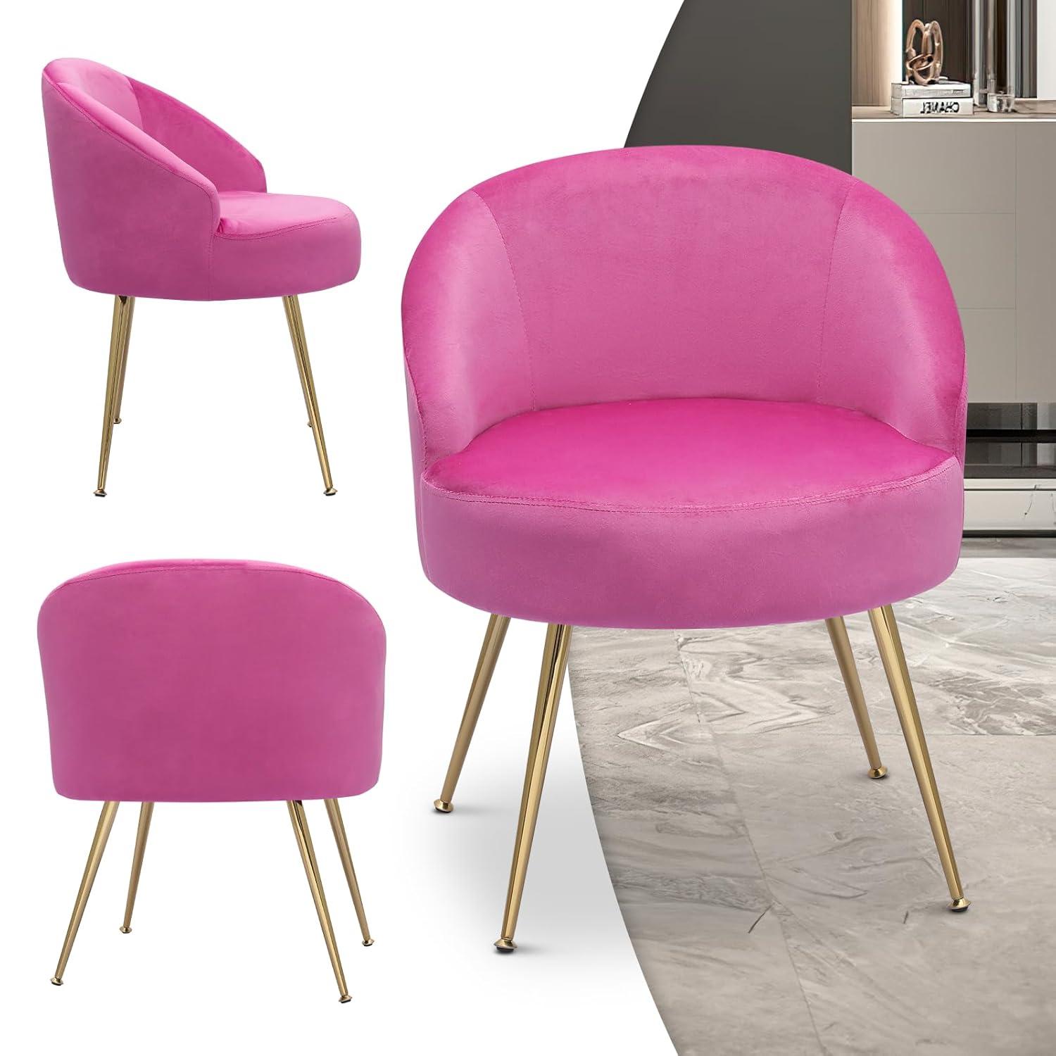 MoNiBloom Modern Upholstered Velvet Accent Chair, Single Sofa Side Chair for Living Bedroom Make-Up Room, Barrel Chair with Golden Metal Legs, Hot Pink