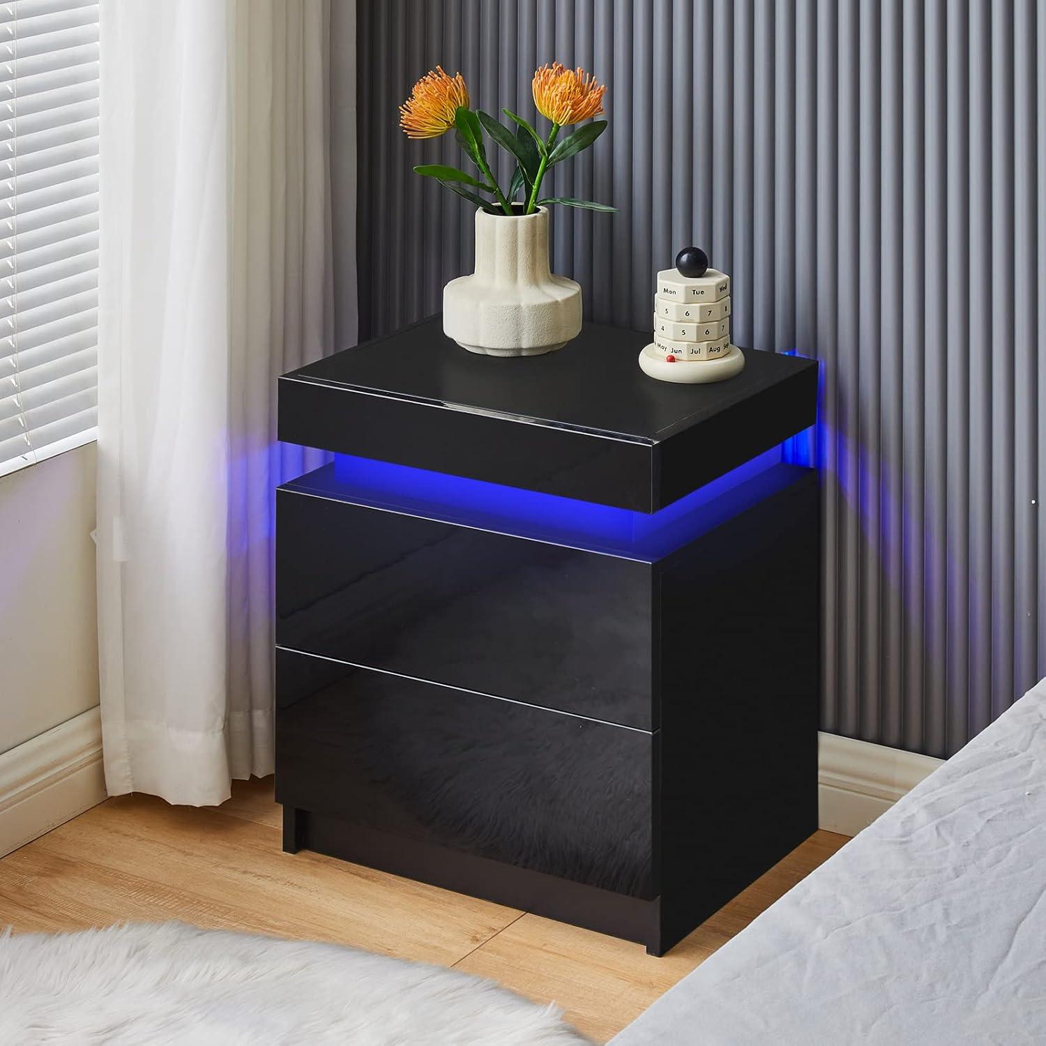 White High Gloss 3-Drawer Nightstand with LED Lights