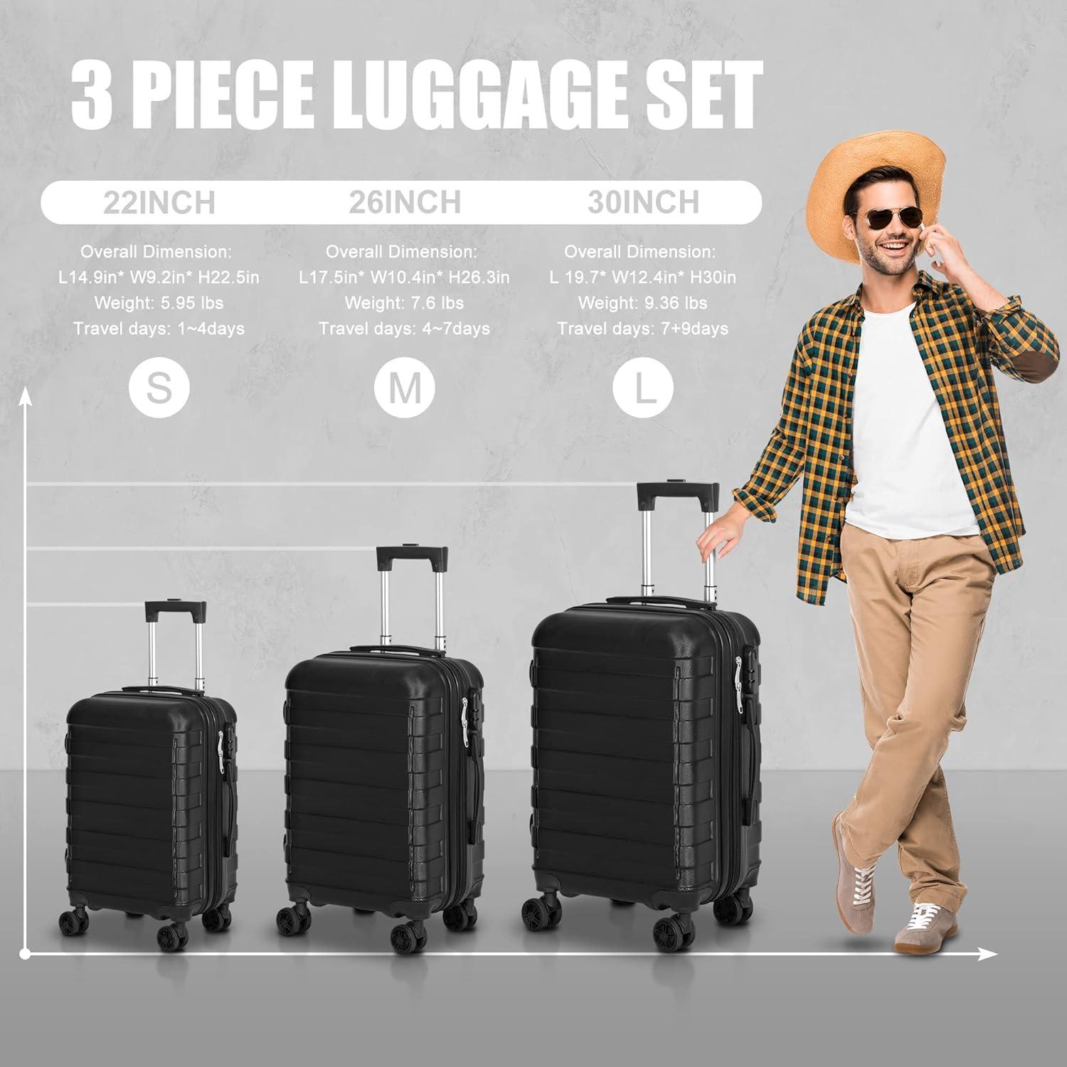 Luggage Set of 3, Suitcases with Spinner Wheels Hardside Expandable Luggage Suitcase Set with TSA Lock for Travel-Black