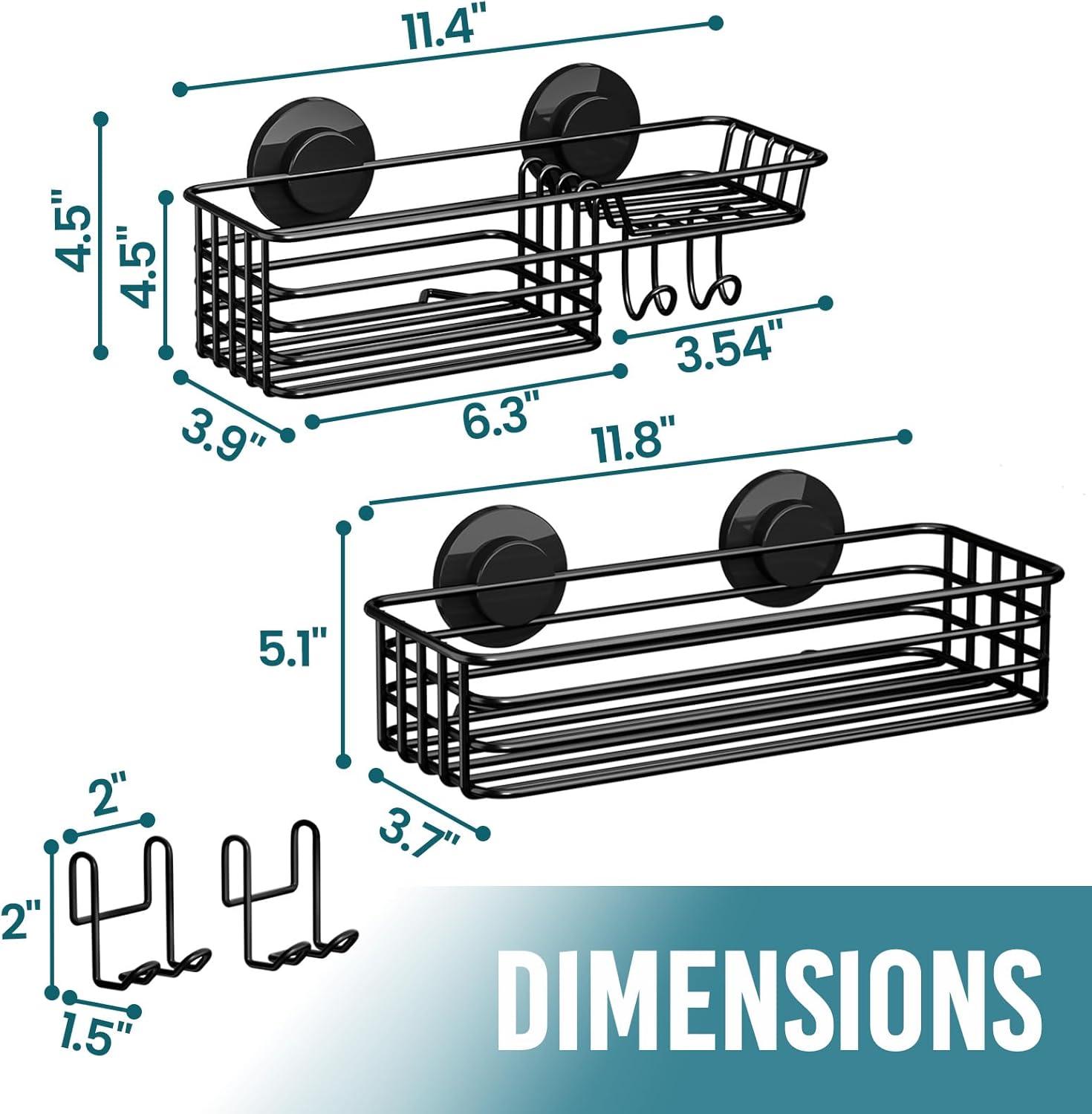 Black Metal Suction Mount Shower Caddy with Hooks