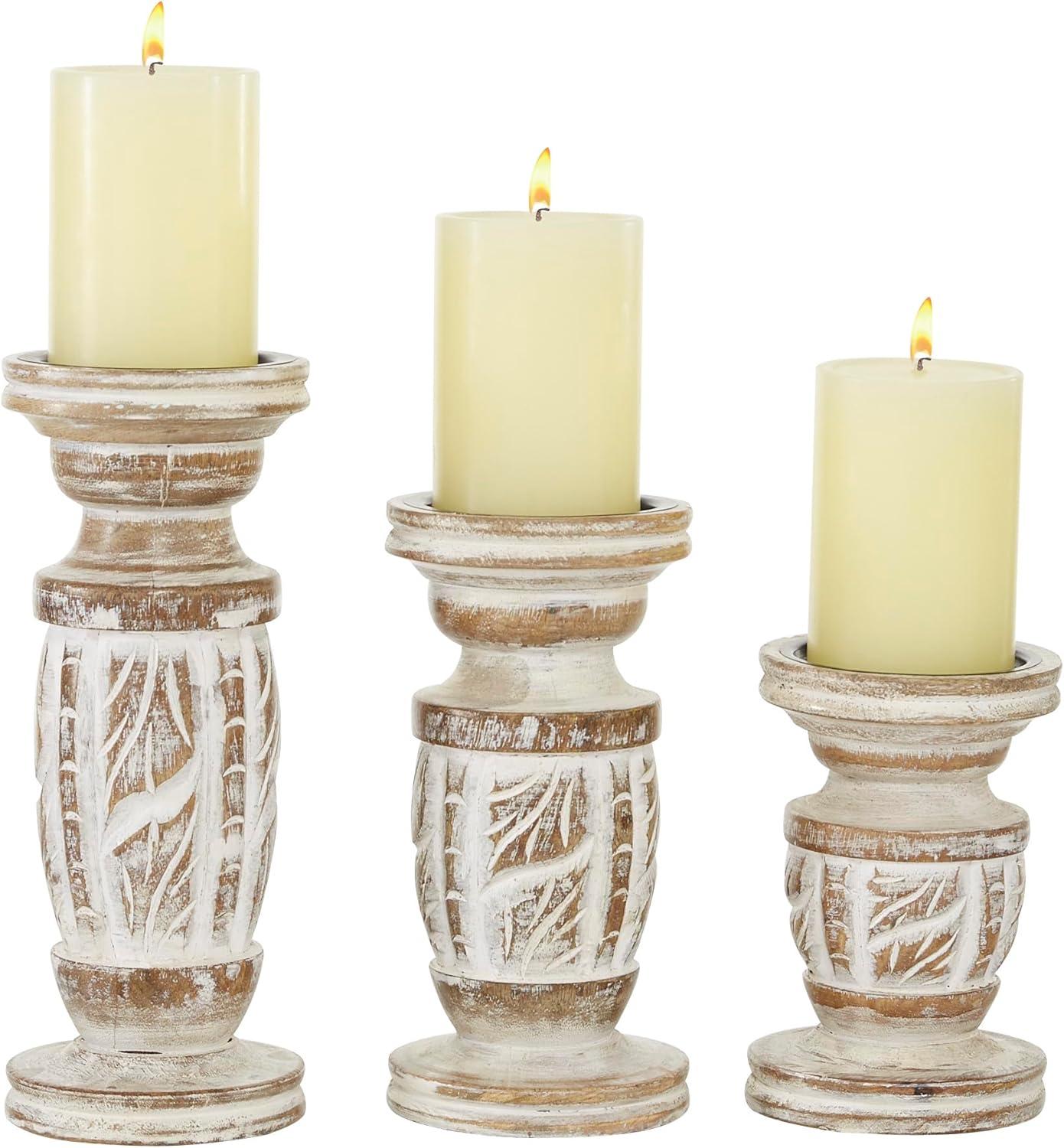 DecMode White Wash Wood Country Cottage Candle Holder Set of 3-Pieces, 6", 8",10"H