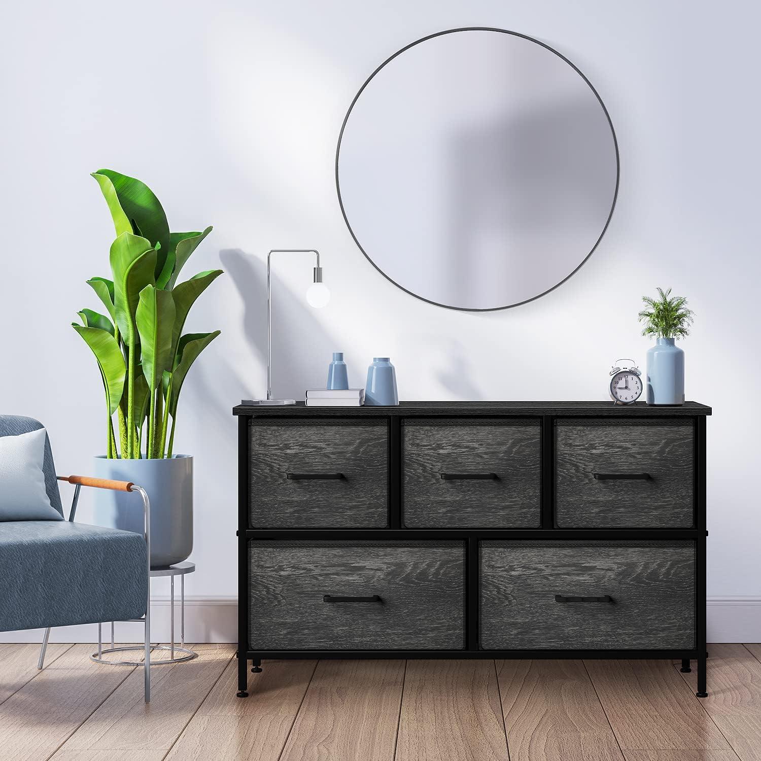 Sorbus Dresser with 5 Drawers with Steel Frame, Wood Tops, and Fabric Bins in Rustic Black