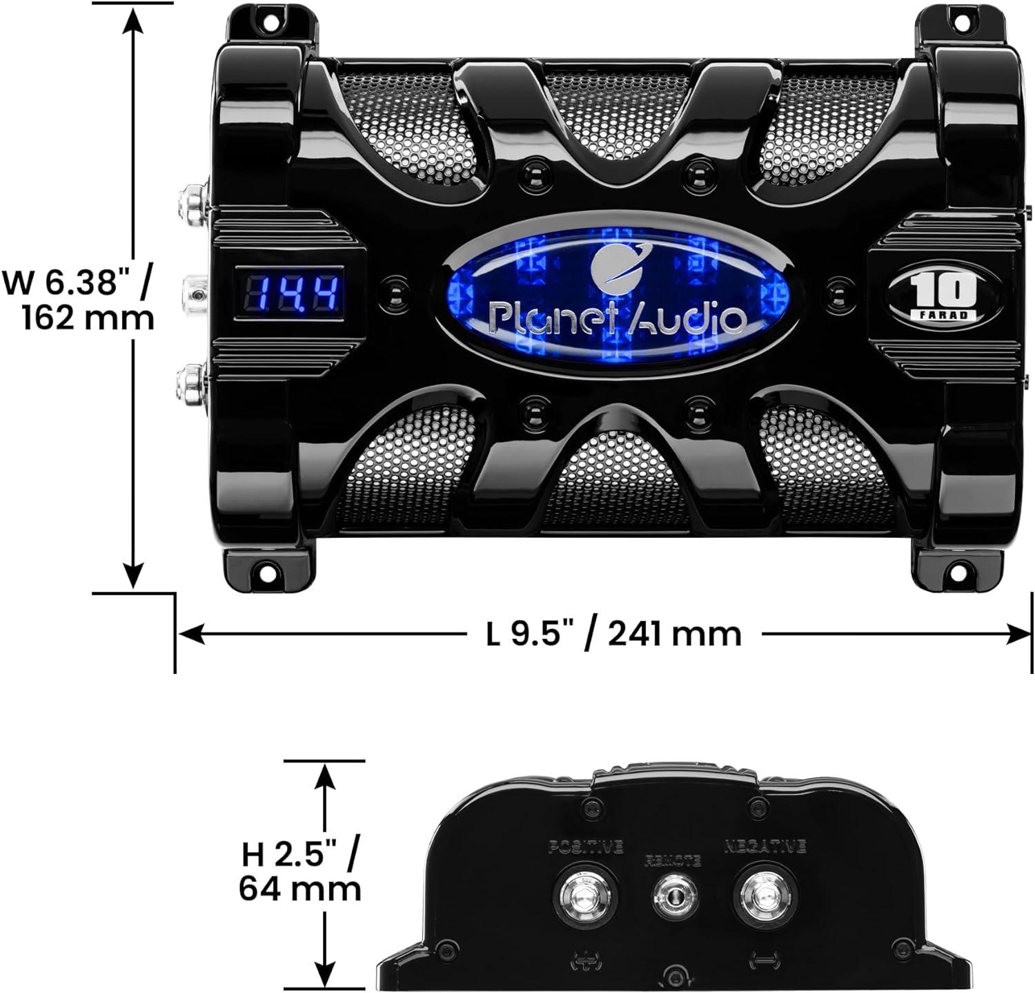 Planet Audio PC10F 10 Farad 24-Volt DC Surge 3-Digit Digital Blue LED Voltage Display Car Audio Power Capacitor Cap, Black