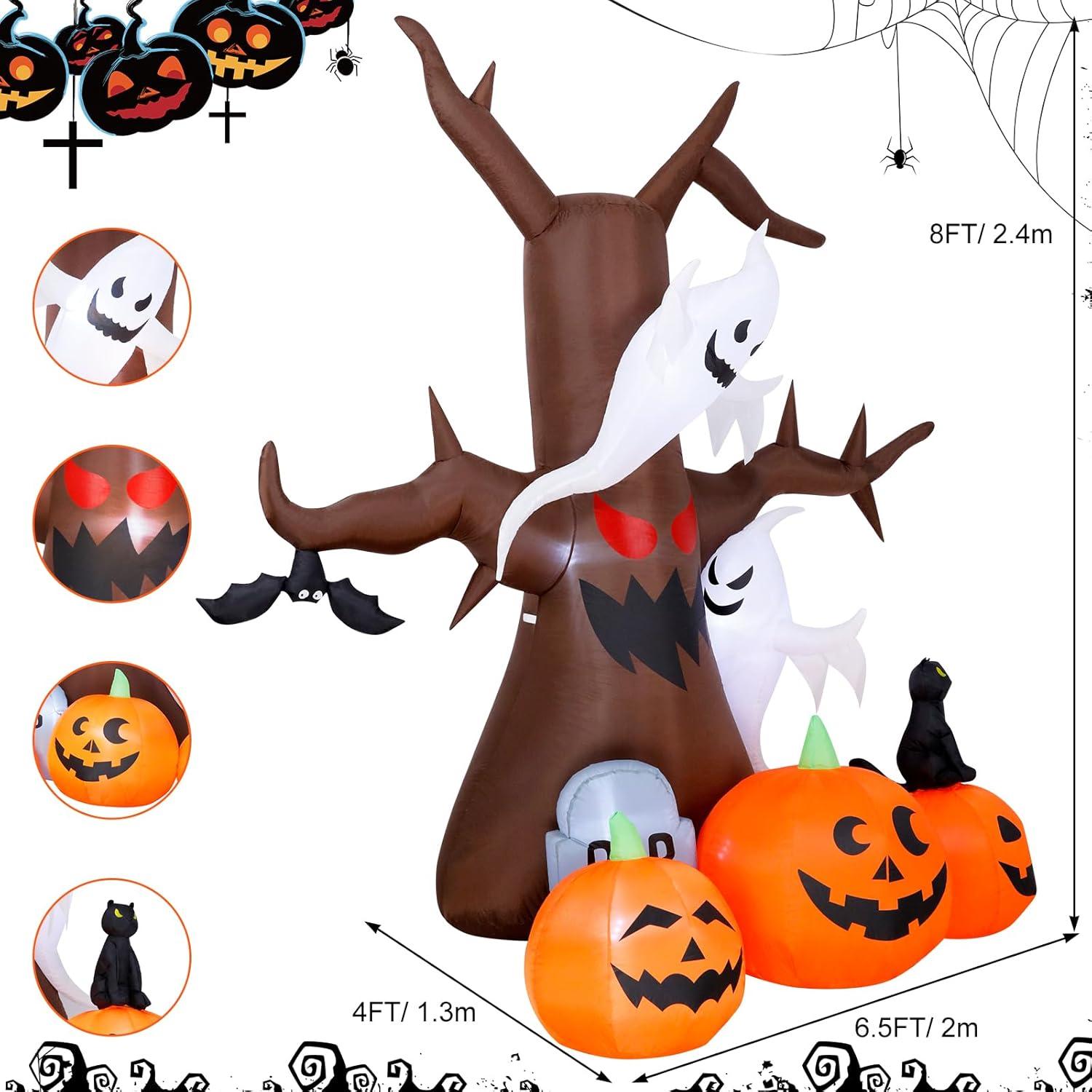 8FT Halloween Inflatable Dead Tree with Ghosts and Pumpkins