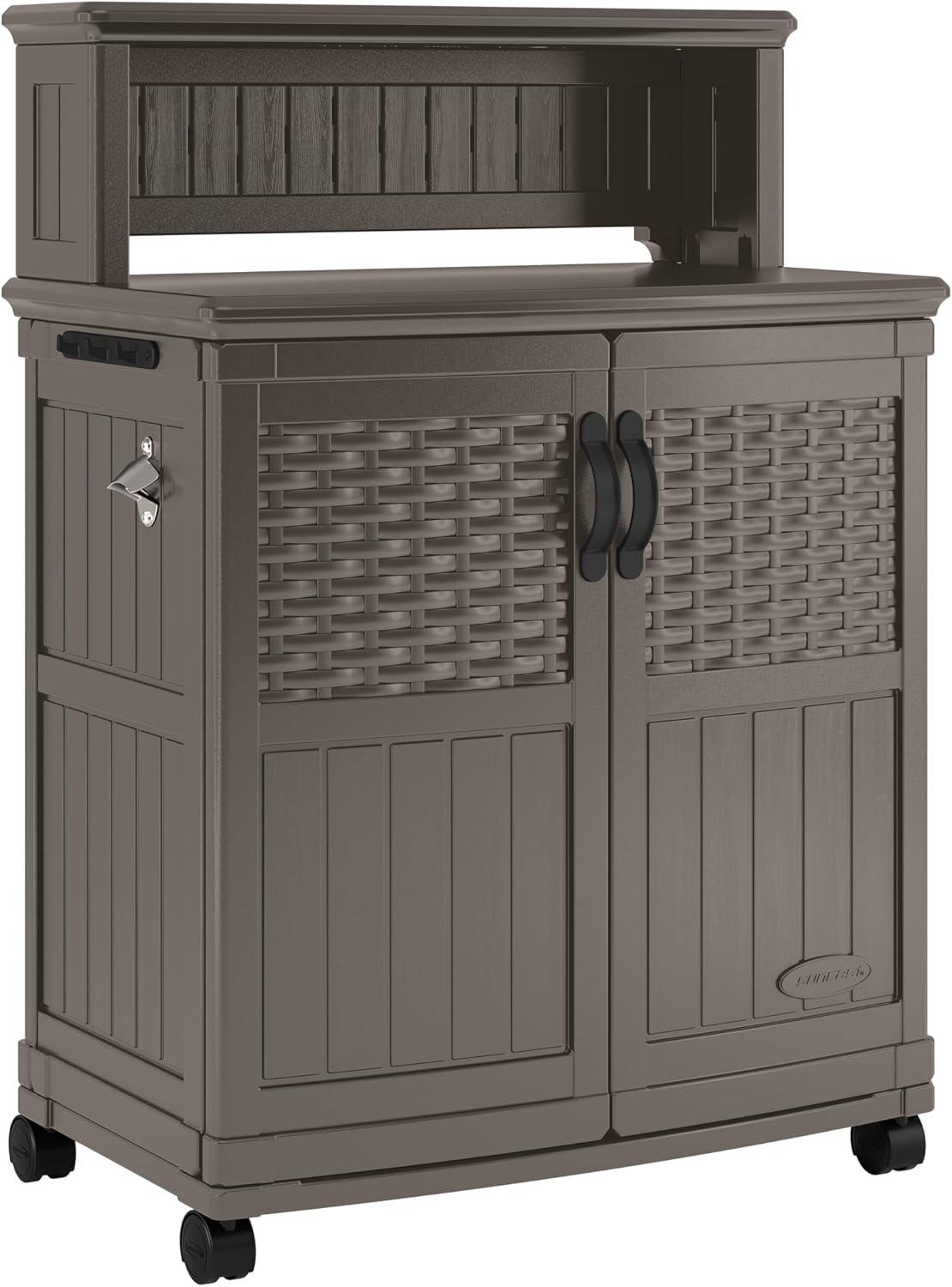 Suncast Patio Plastic Storage and Prep Station with Wicker Pattern, Stoney Gray