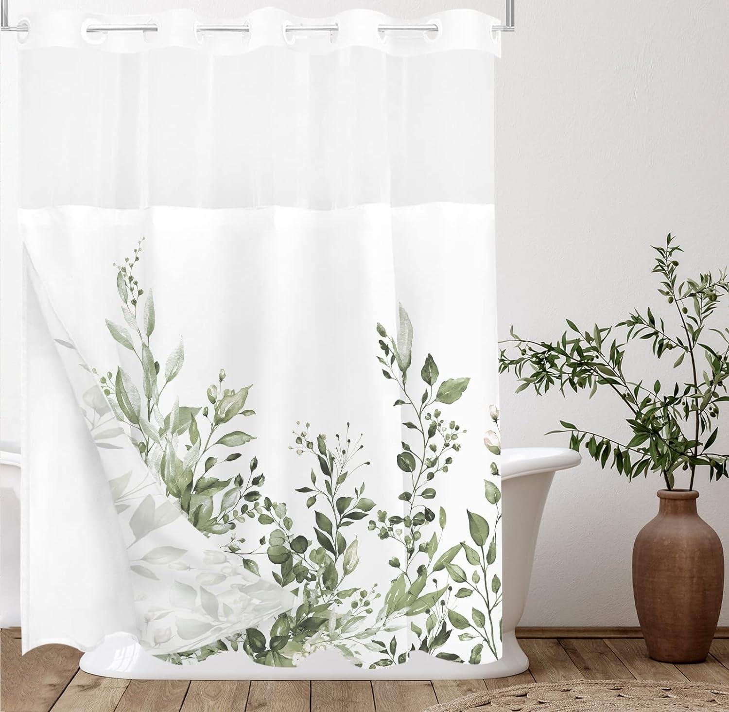 No Hook Shower Curtain with Snap in Liner, Eucalyptus Leaf Vintage Sage Green Leaves Hotel Shower Curtains for Bathroom, Washable Shower Curtain Liner Set with Mesh Top Window, 66"x72"