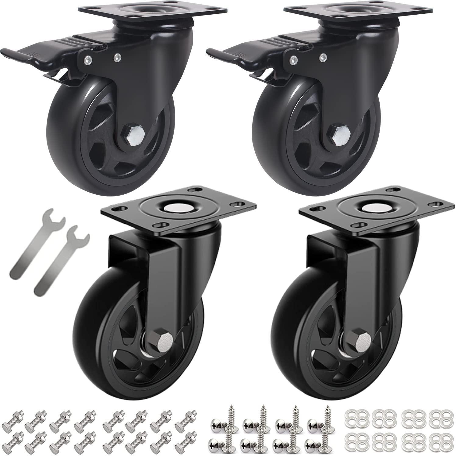 4-Inch Black Polyurethane Heavy Duty Caster Wheels Set