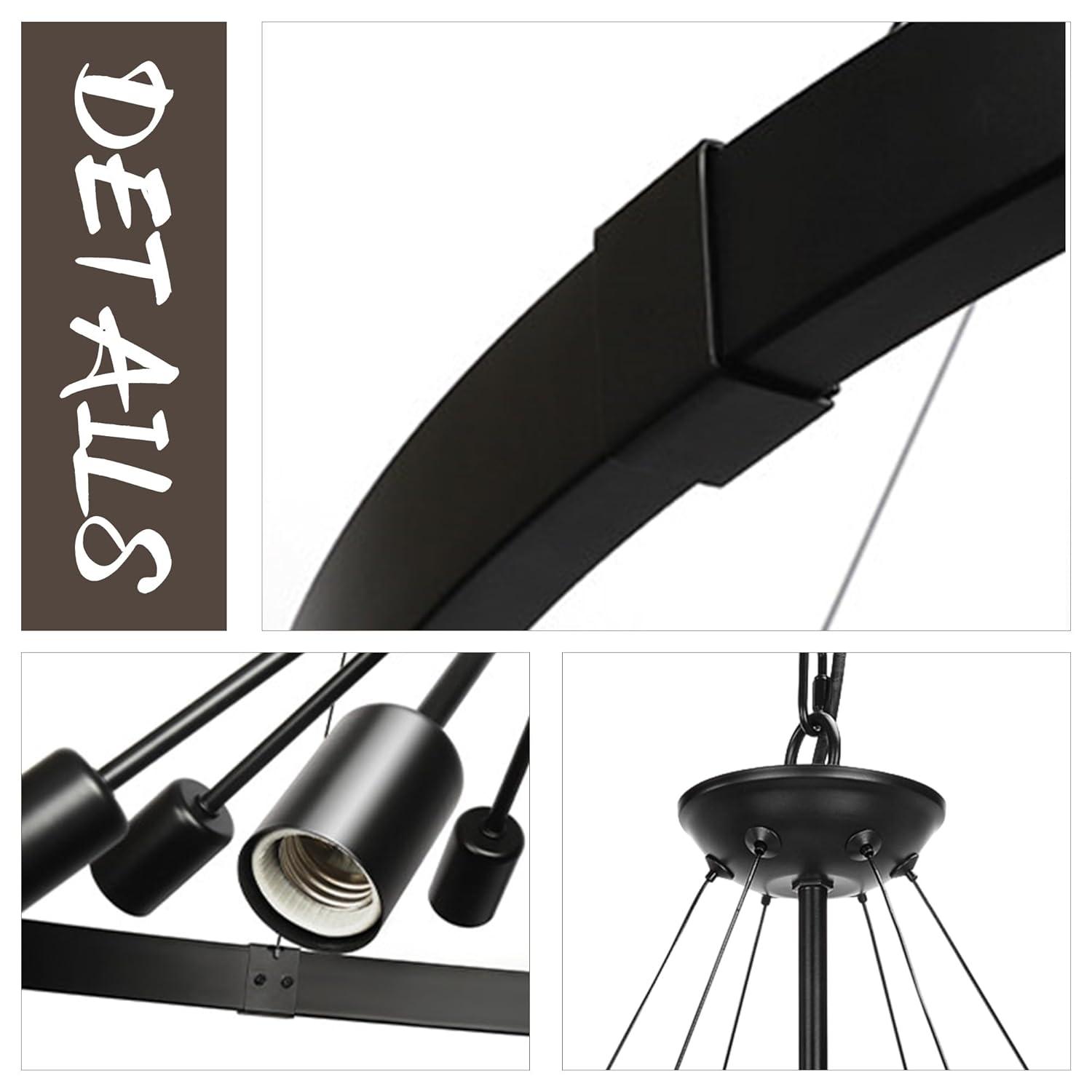 8-Light Farmhouse Black Wagon Wheel Chandelier with Adjustable Chain for Study Dining Room Kitchen