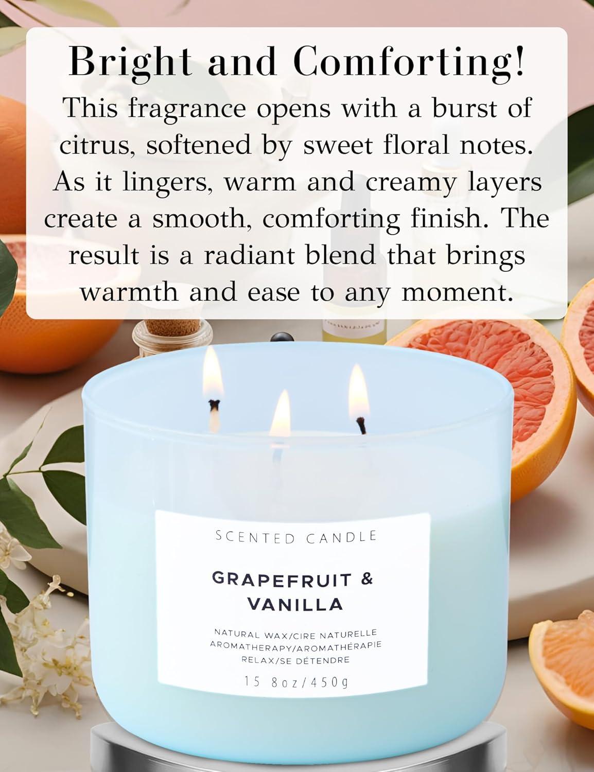 Grapefruit Vanilla Aromatherapy Candle 3 Wick Large Soy Scented Candles for Men and Women 15.8 Oz